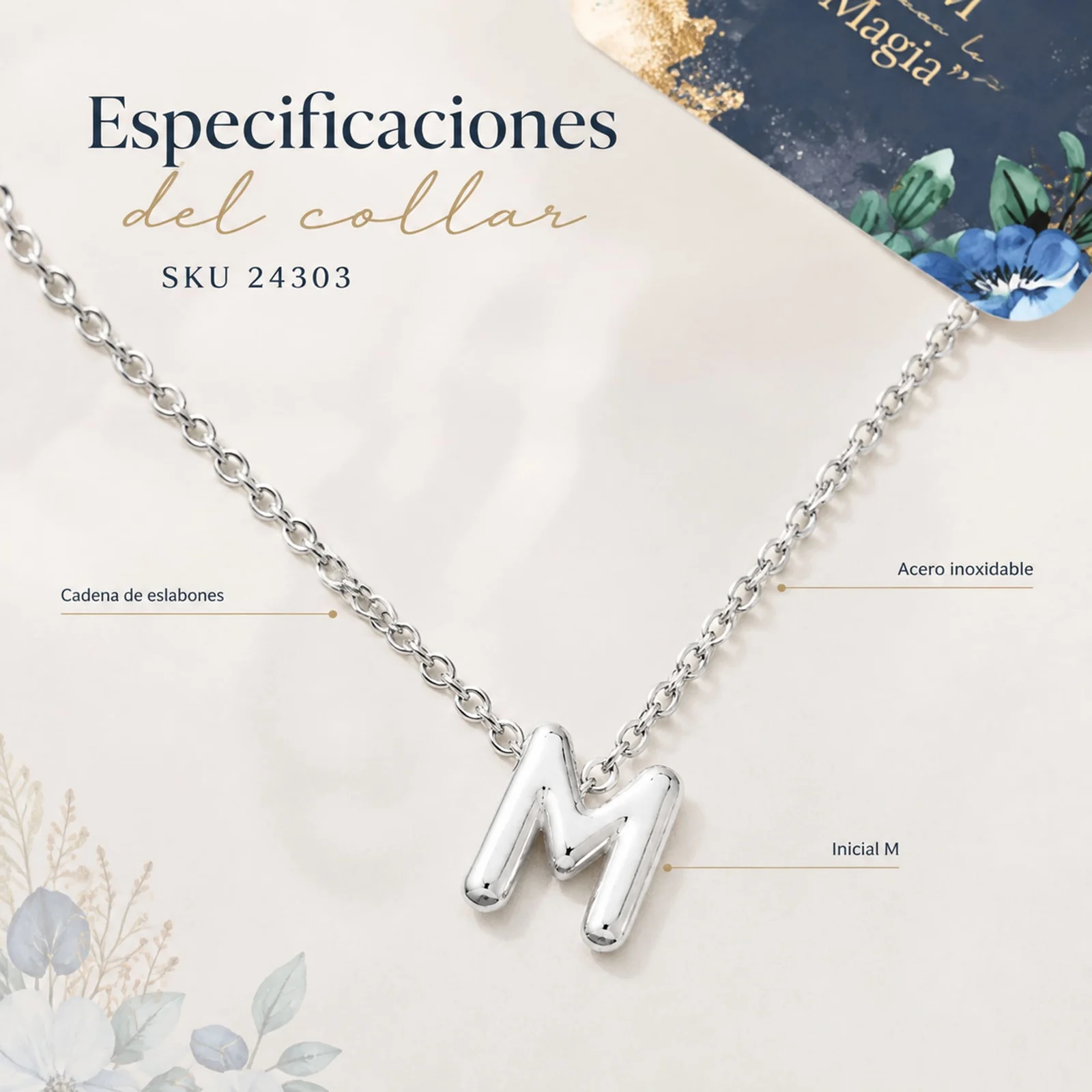 COLLAR INICIAL LETRA M ACERO CON SOBRE
