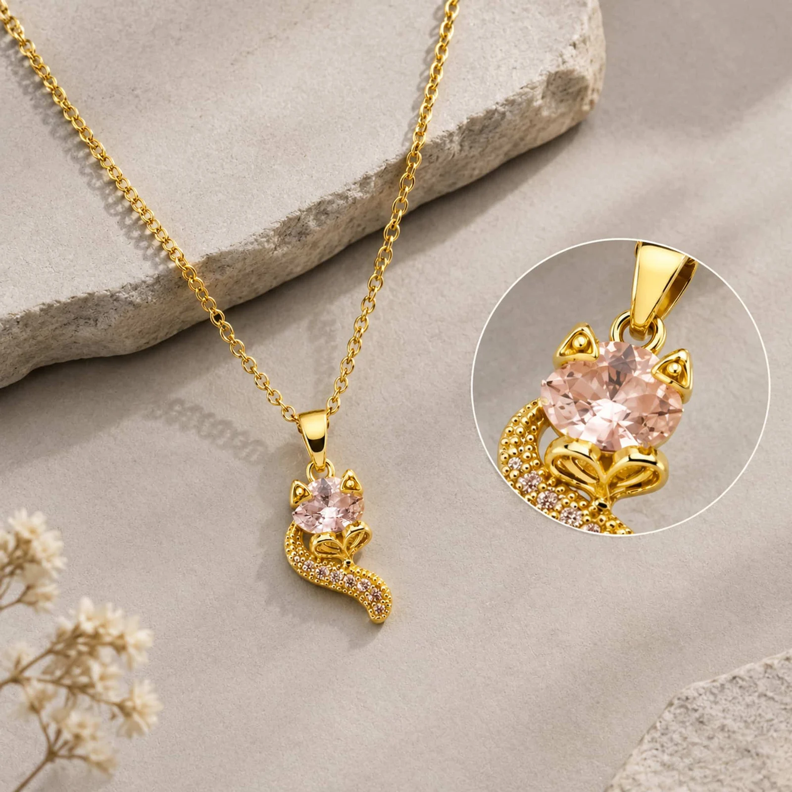 Colgangte Cobre con Circonita Colar Dorado y Cadena Acero