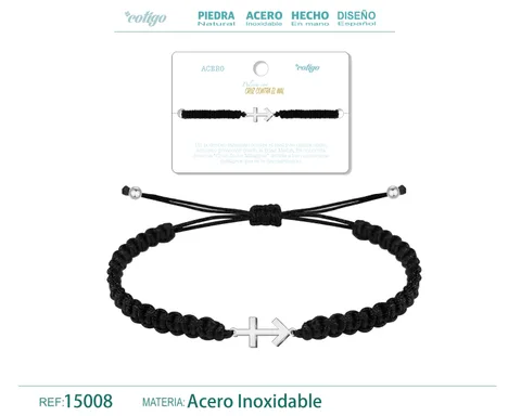 PULSERA HILO DESTINO  CON CRUZ CONTRA EL MAL ACERO PLATEADO