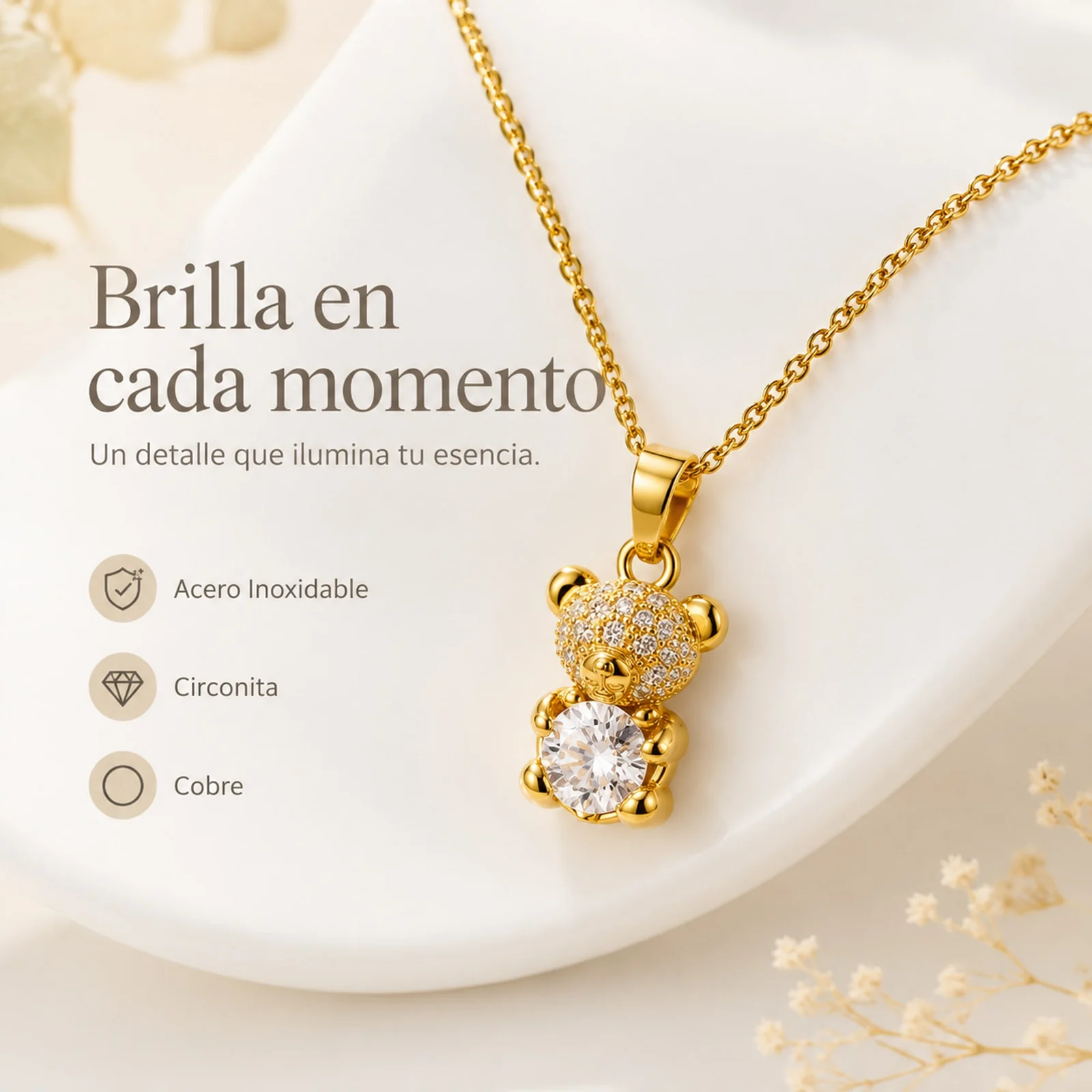 Colgangte Cobre con Circonita Colar Dorado y Cadena Acero