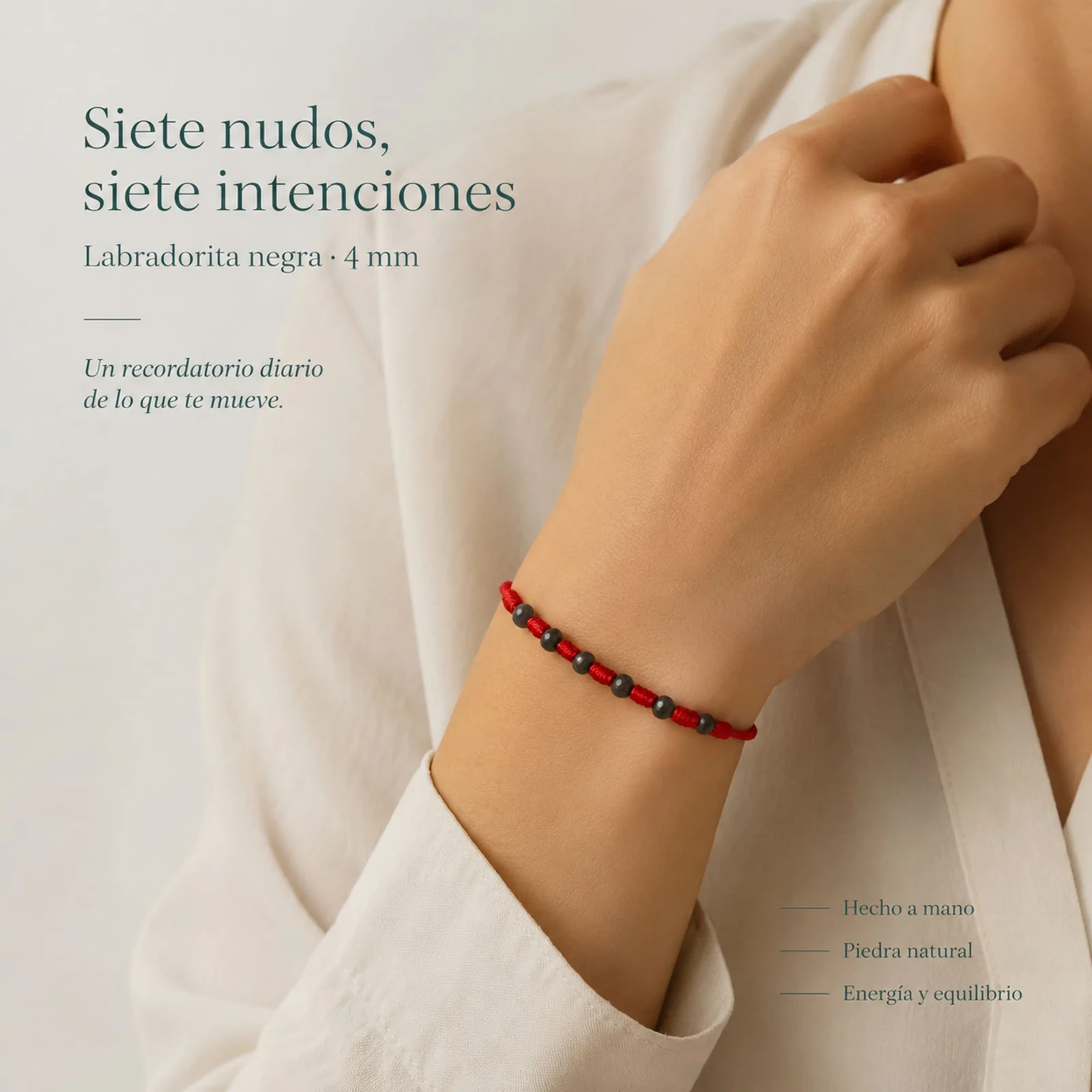 PULSERA 7 NUDOS CON  LABRADORITA NEGRA 4MM