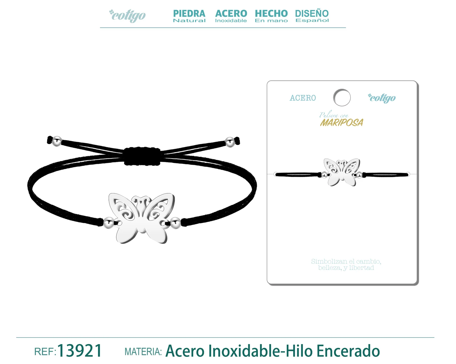 PULSERA MARIPOSA PLATEADO DE HILO EN.NEGRO