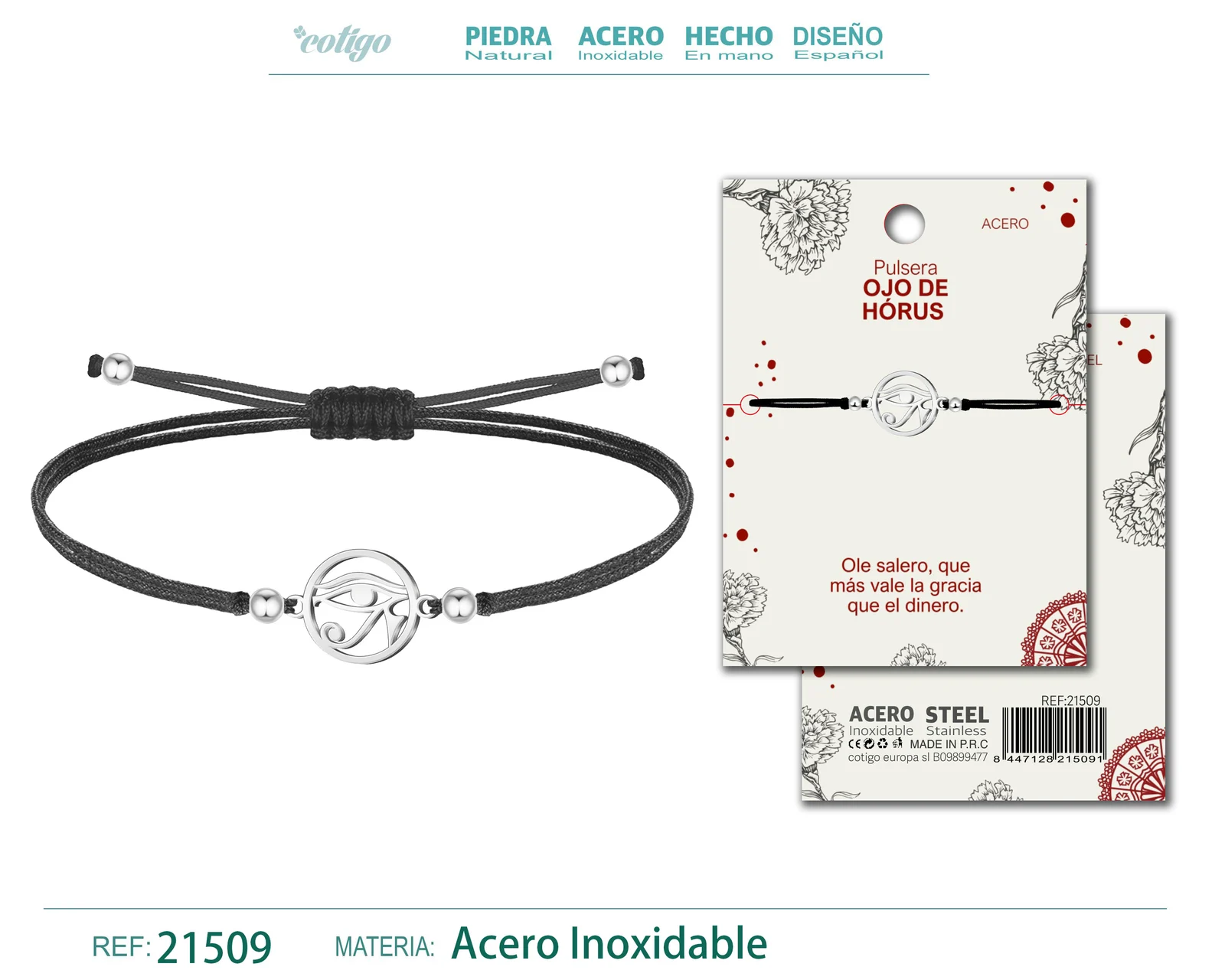 PULSERA HILO ENCERADO CON OJO HORUS ACERO PLATEADO
