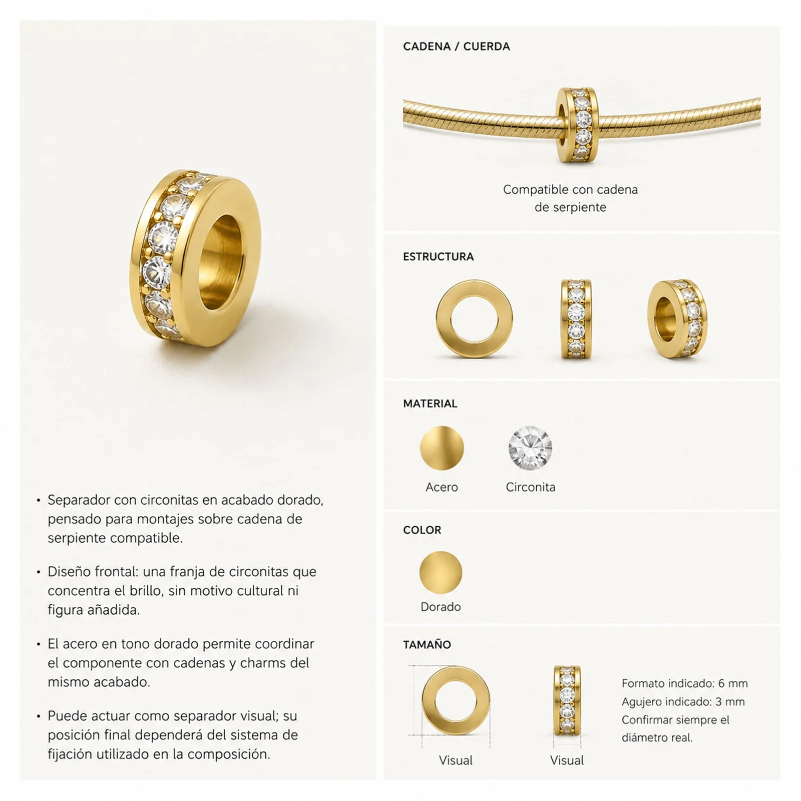 CHARM 6MM ACERO DORADO CON AGUJERO 3MM CON CIRCONITA PARA CADENA DE SERPIENTE