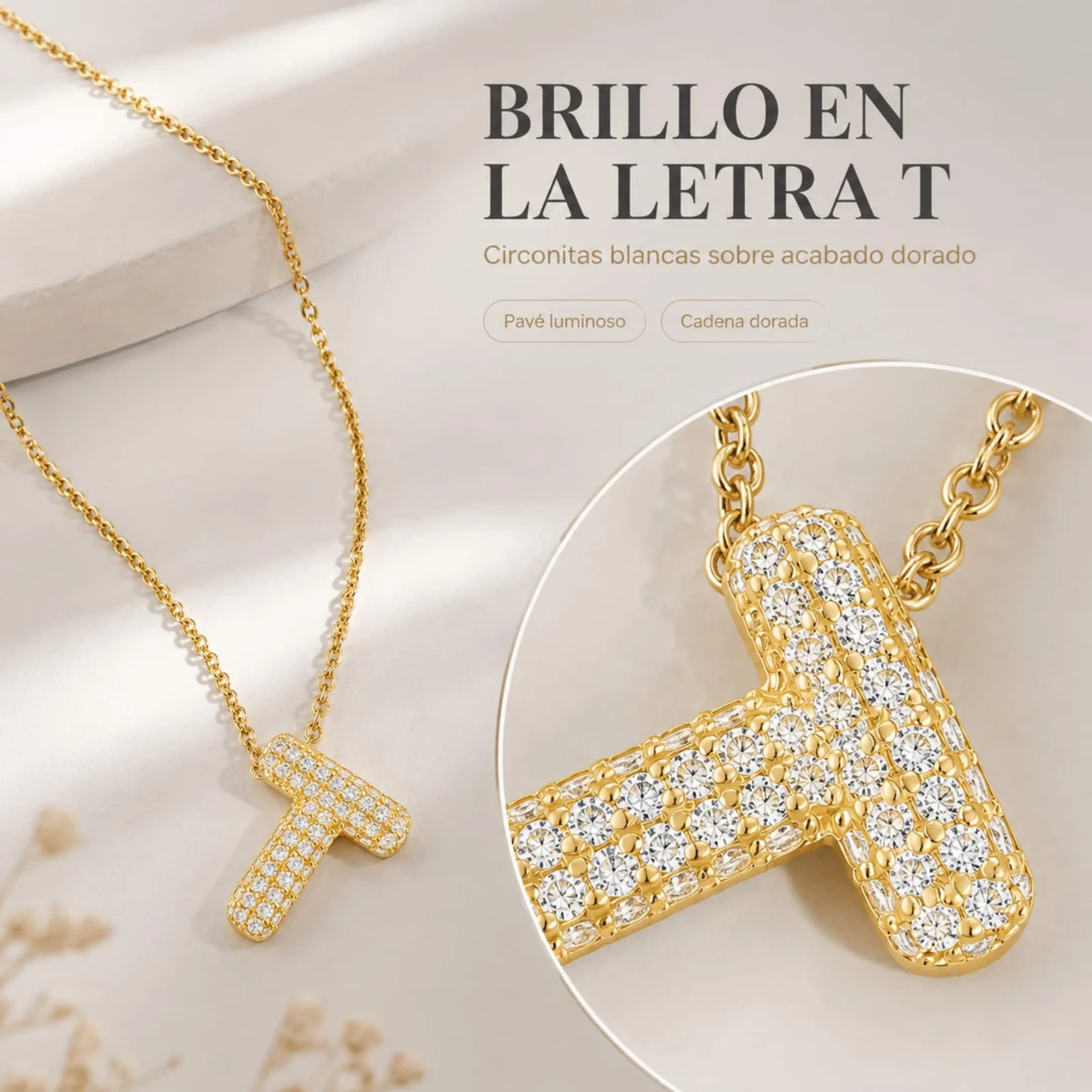 COLLAR LETRA T CON CIRCONITA  ACERO COLOR DORADO