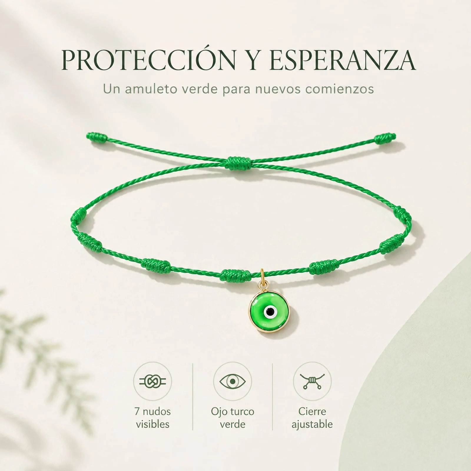 PULSERA 7 NUDOS VERDE CON COLGANTE DE OJO TURCO