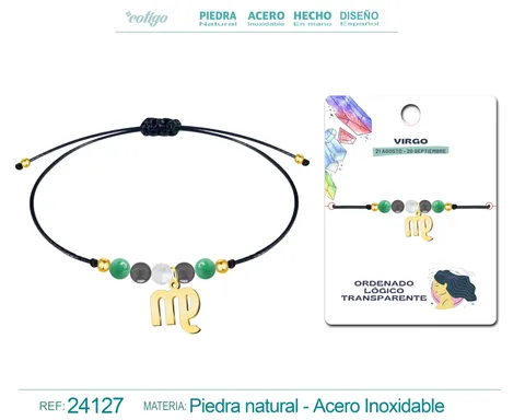 PULSERA PIEDRA NATURAL CON COLGANTE VIRGO ACERO DORADO