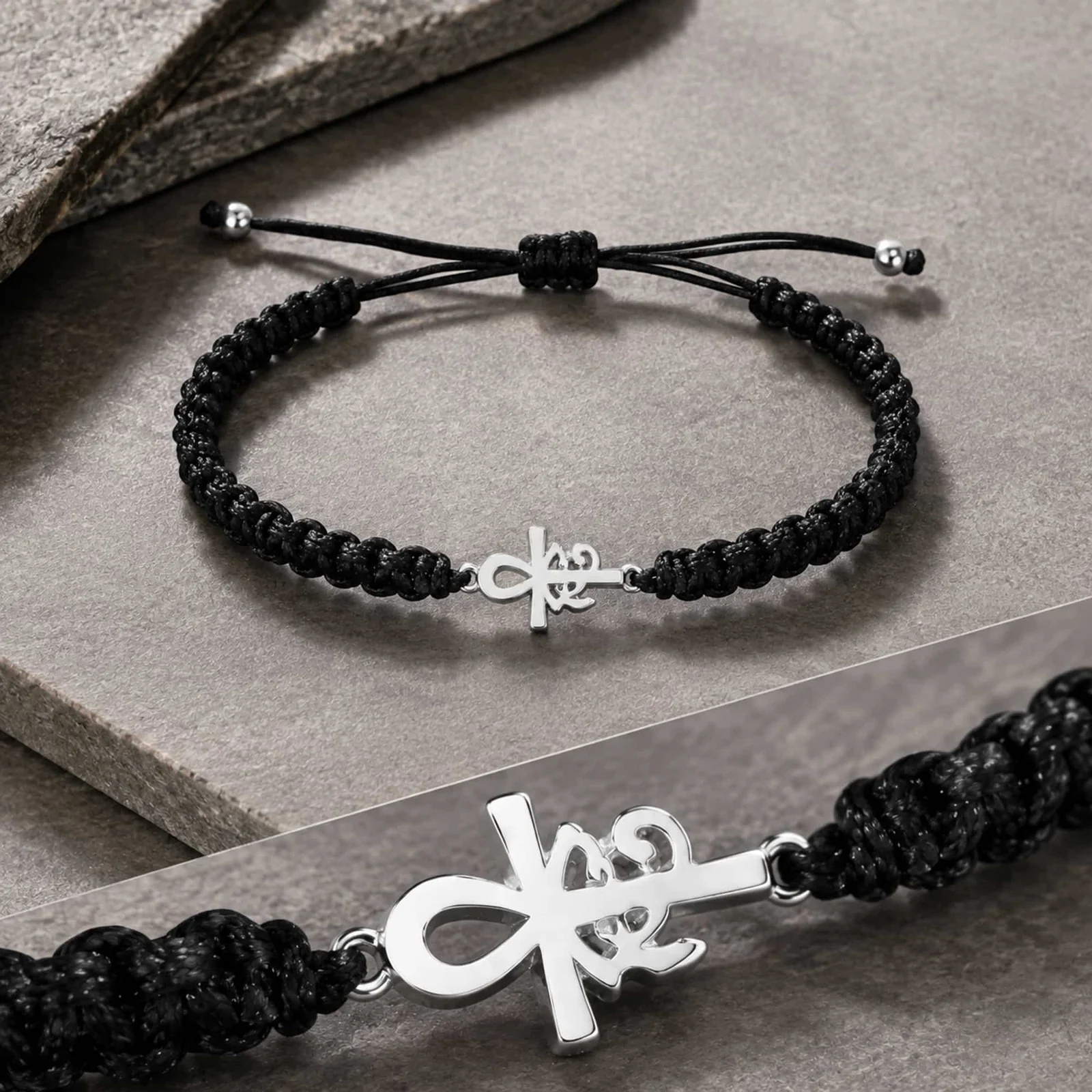 PULSERA HILO DESTINO  CON CRUZ EGIPCIA Y OJO HORUS ACERO PLATEADO