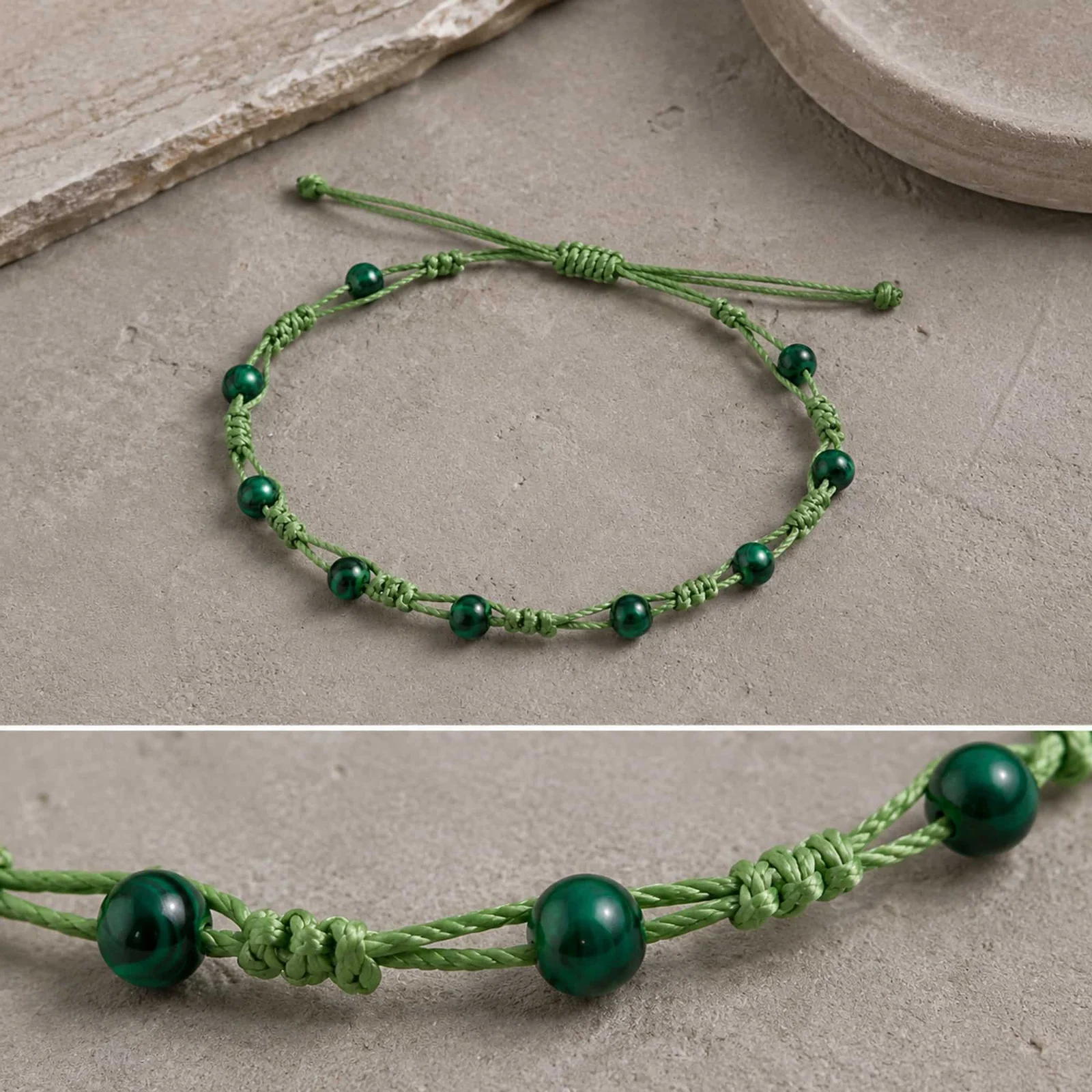 PULSERA HILO ENCERADO CON MALAQUITA