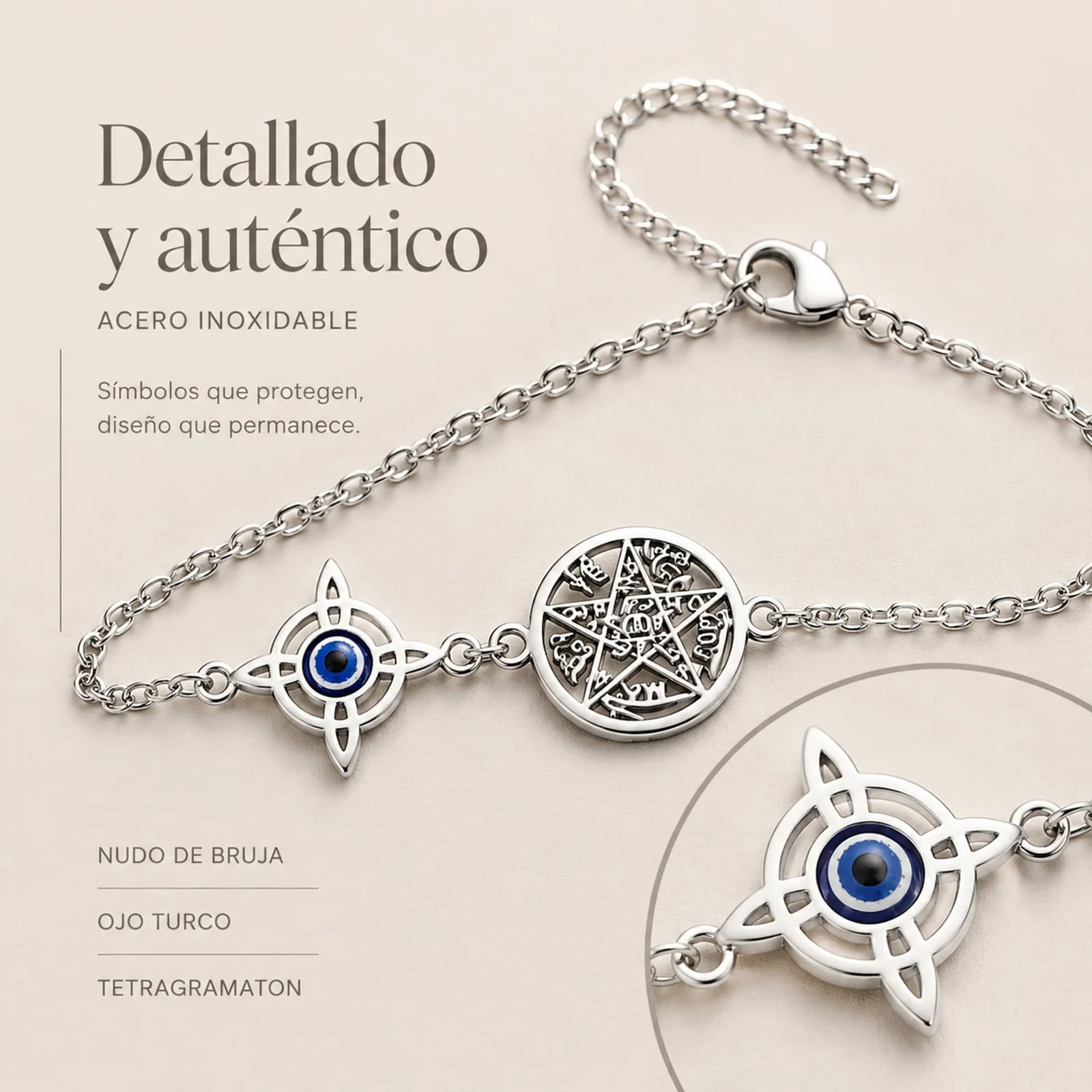 PULSERA TETRAGRÁMATON CON NUDO DE BRUJA Y OJO DE TURCO ACERO INOXIDABLE COLOR PLATEADO
