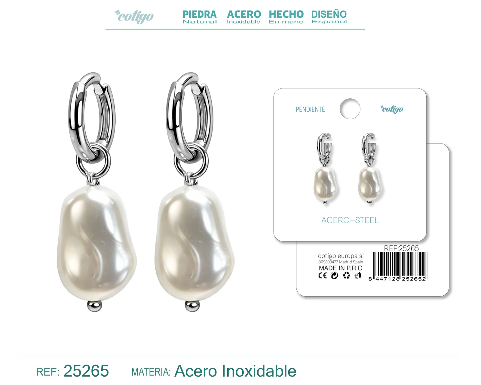 PENDIENTES DE PERLAS BALOTELLI CON ARO ACERO COLOR PLATEADO