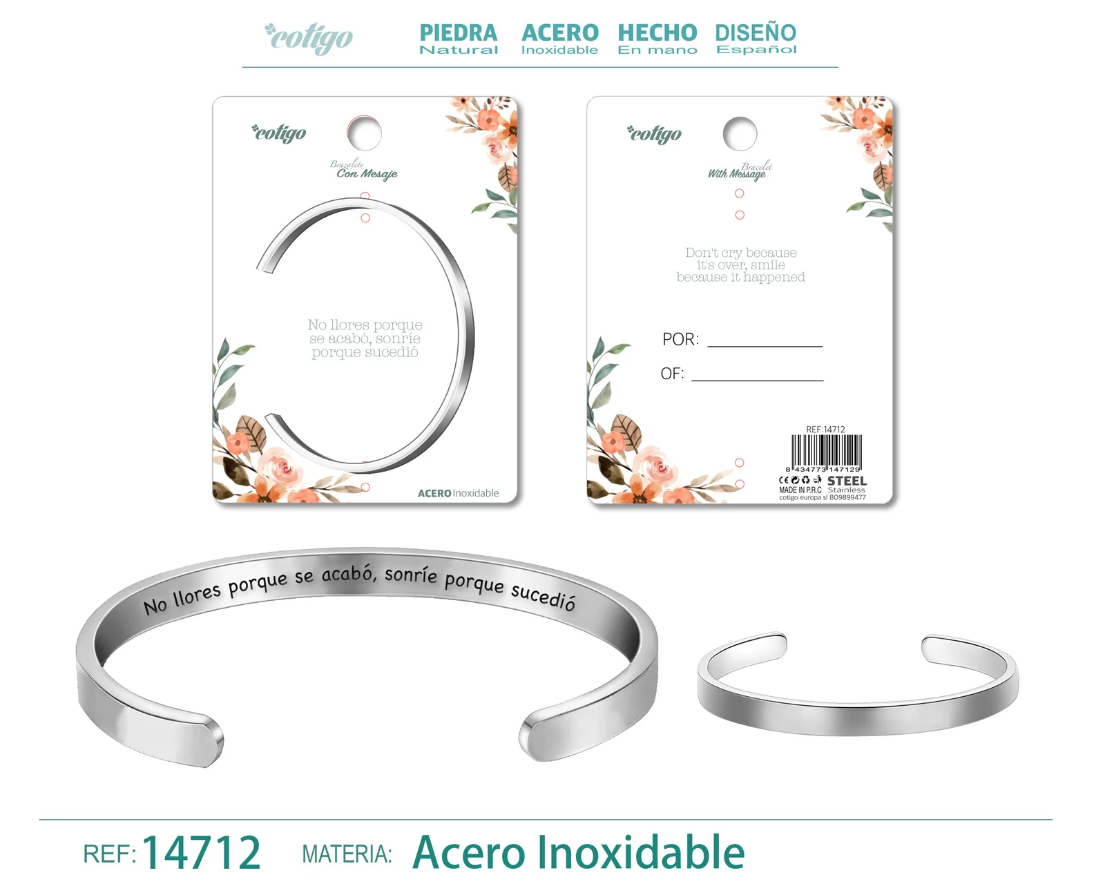 BRAZALETE ACERO CON MENSAJE ESPAÑOL