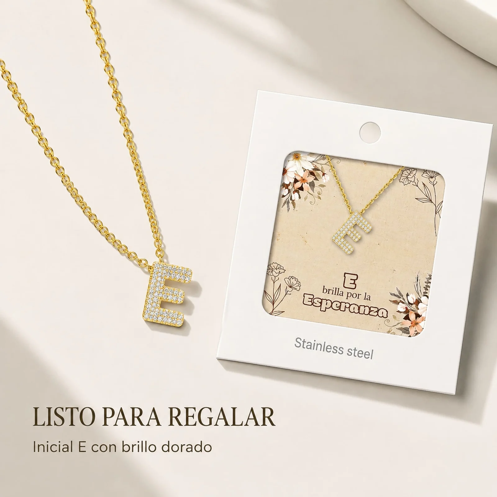 COLLAR LETRA E CON CIRCONITA  ACERO COLOR DORADO