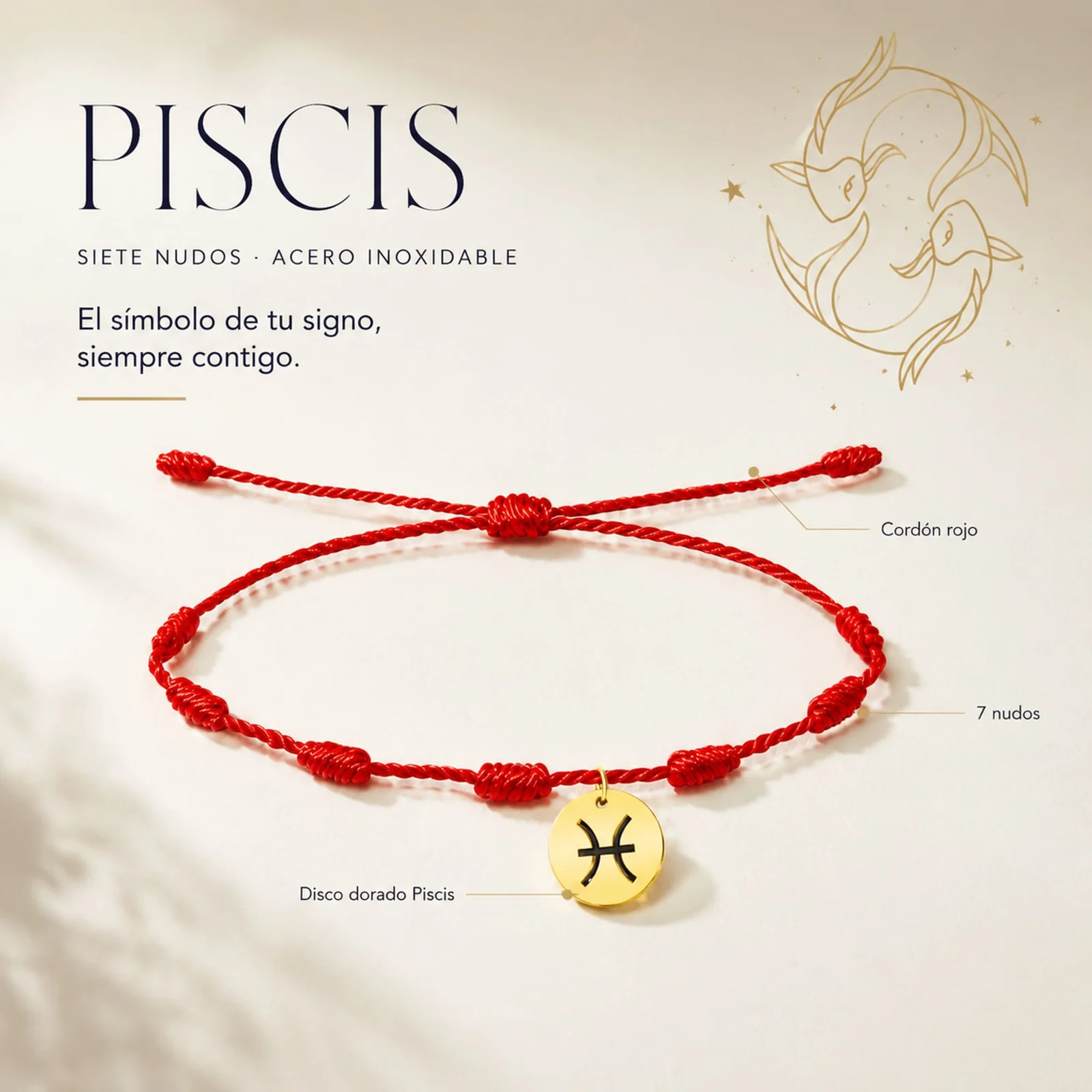 PULSERA 7 NUDOS CON PISCIS ACERO. COLOR DORADO