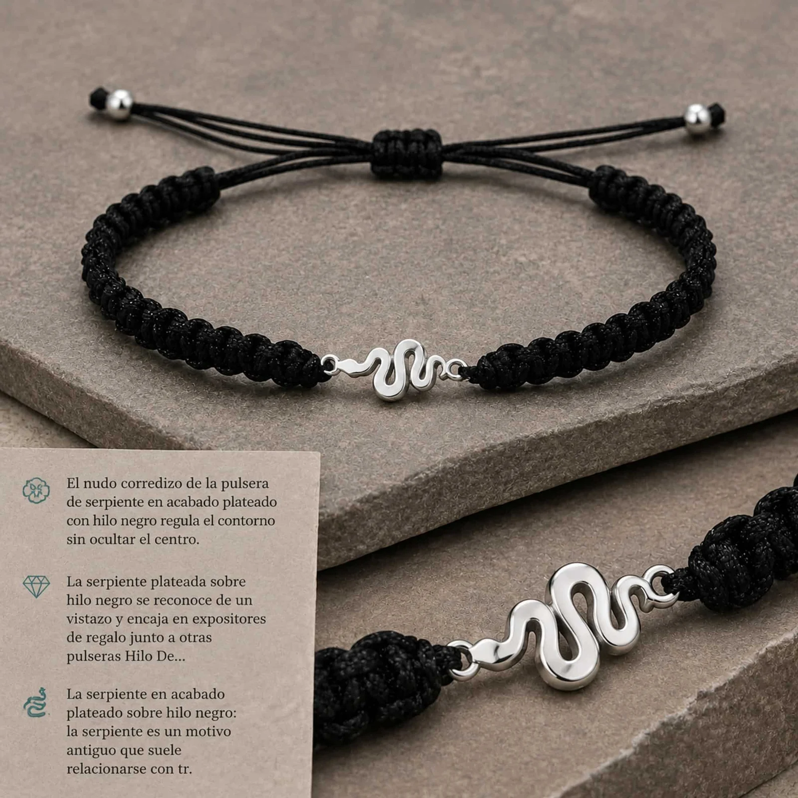 PULSERA HILO DESTINO  CON SERPIENTE ACERO PLATEADO