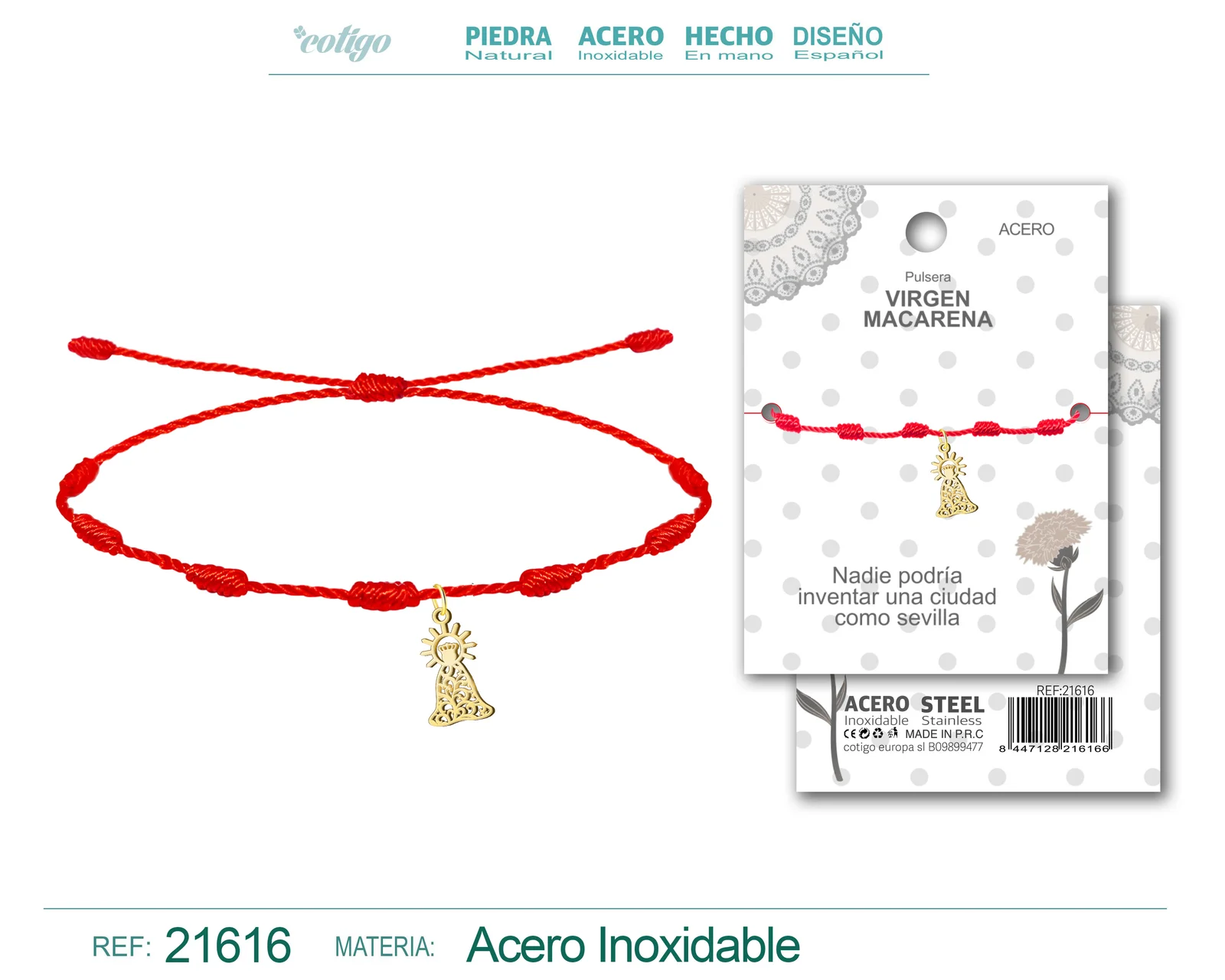 PULSERA 7 NUDOS CON VIRGEN MACARENA ACERO DORADO