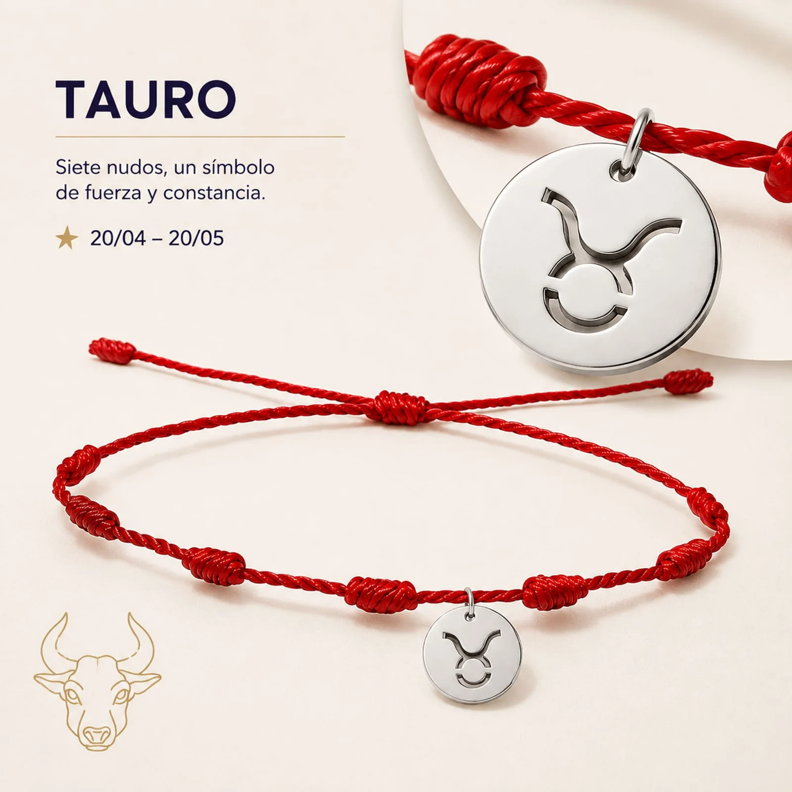 PULSERA 7 NUDOS CON TAURO ACERO. COLOR PLATEADO