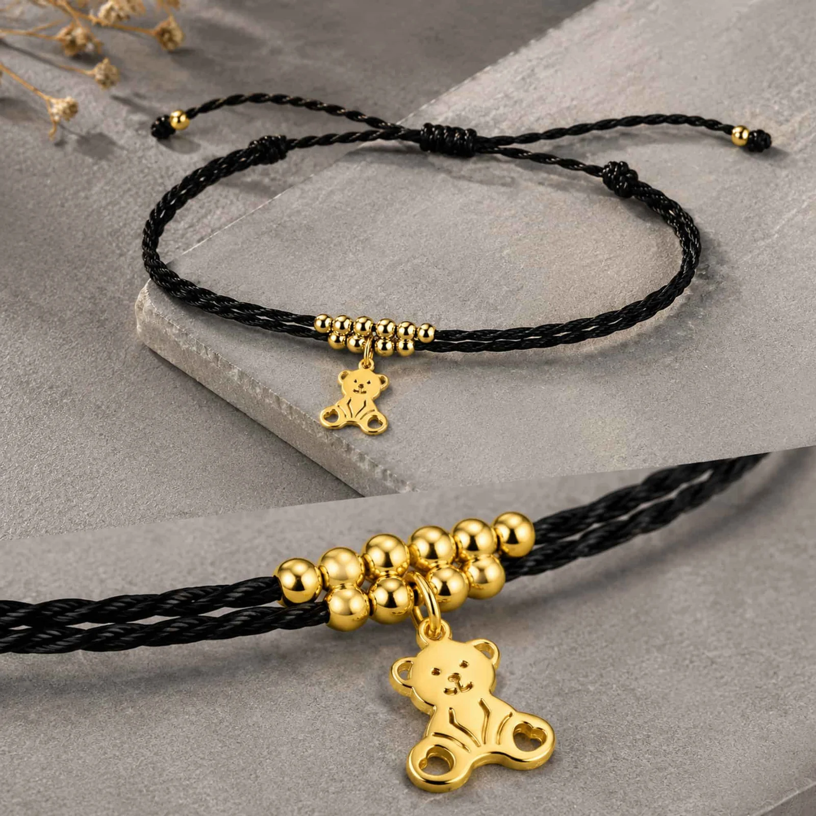 PULSERA HILO ENCERADO CON COLGANTE OSO ACERO DORADO