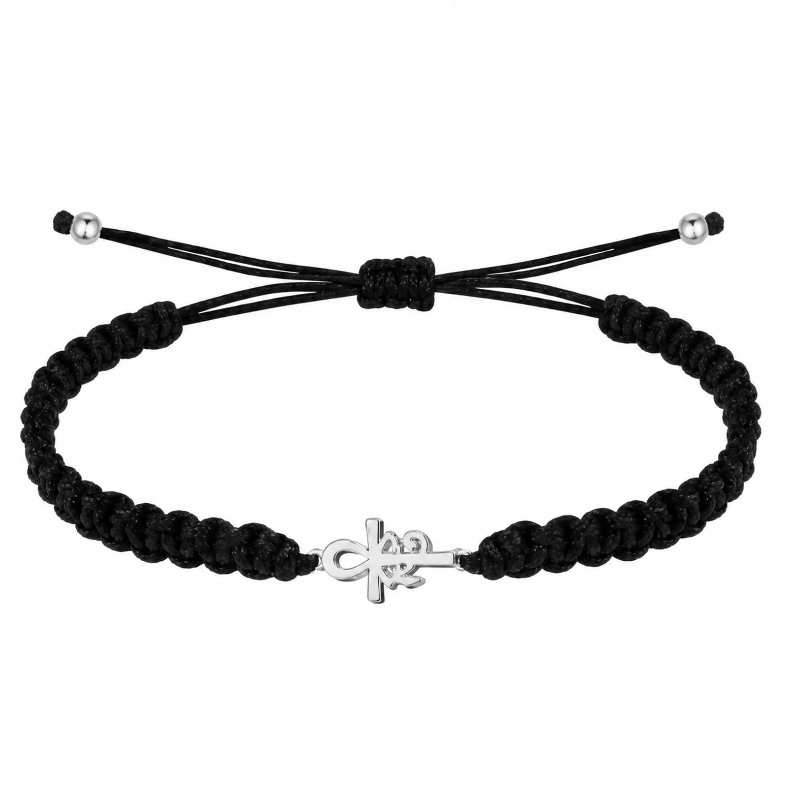PULSERA HILO DESTINO  CON CRUZ EGIPCIA Y OJO HORUS ACERO PLATEADO