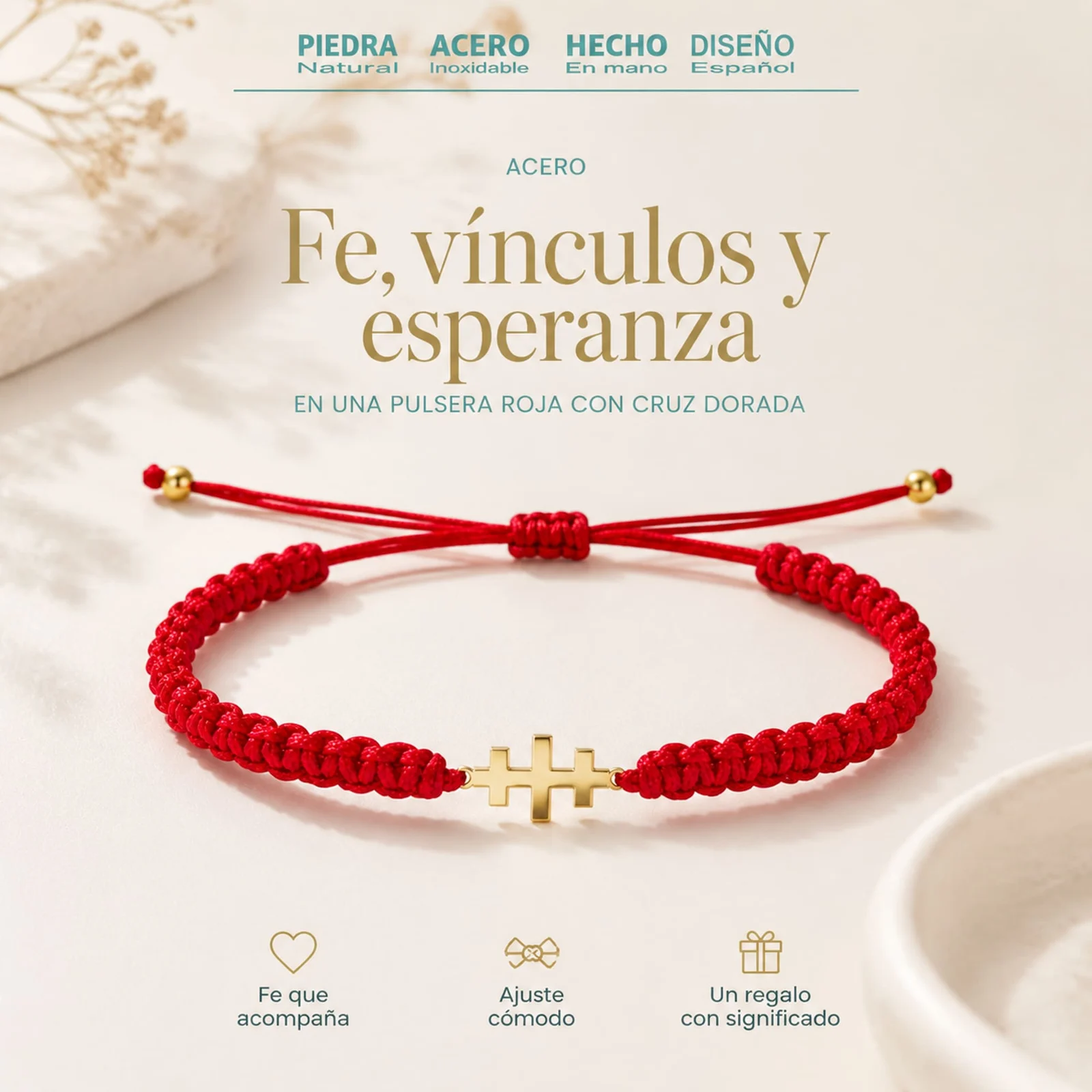 PULSERA HILO DESTINO  CON CRUZ CATACUMBAS ACERO DORADO