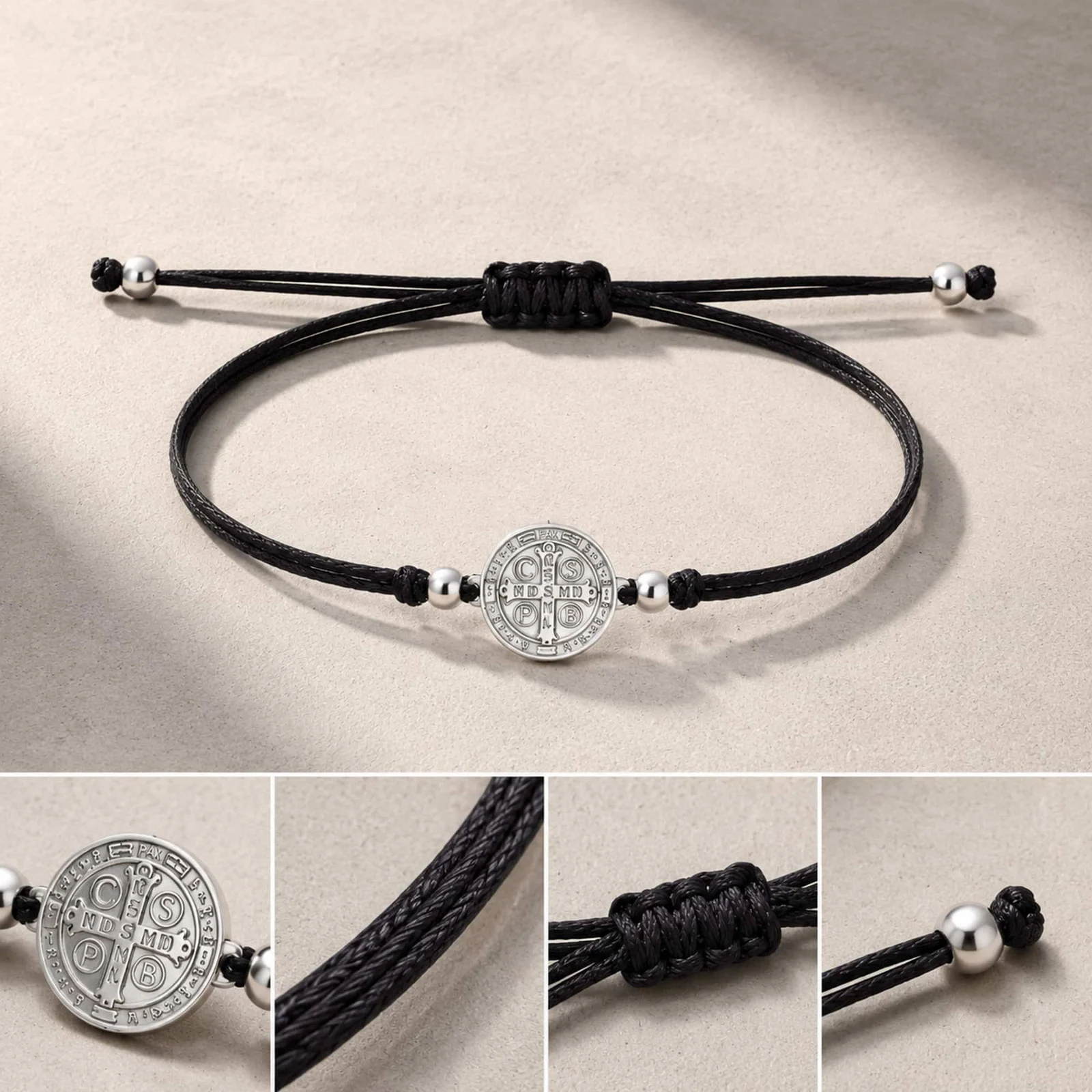 PULSERA HILO ENCERADO NEGRO-SANBENITO PLATEADO
