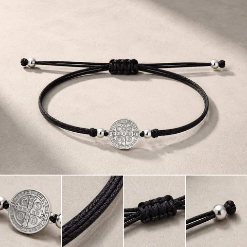 PULSERA HILO ENCERADO NEGRO-SANBENITO PLATEADO