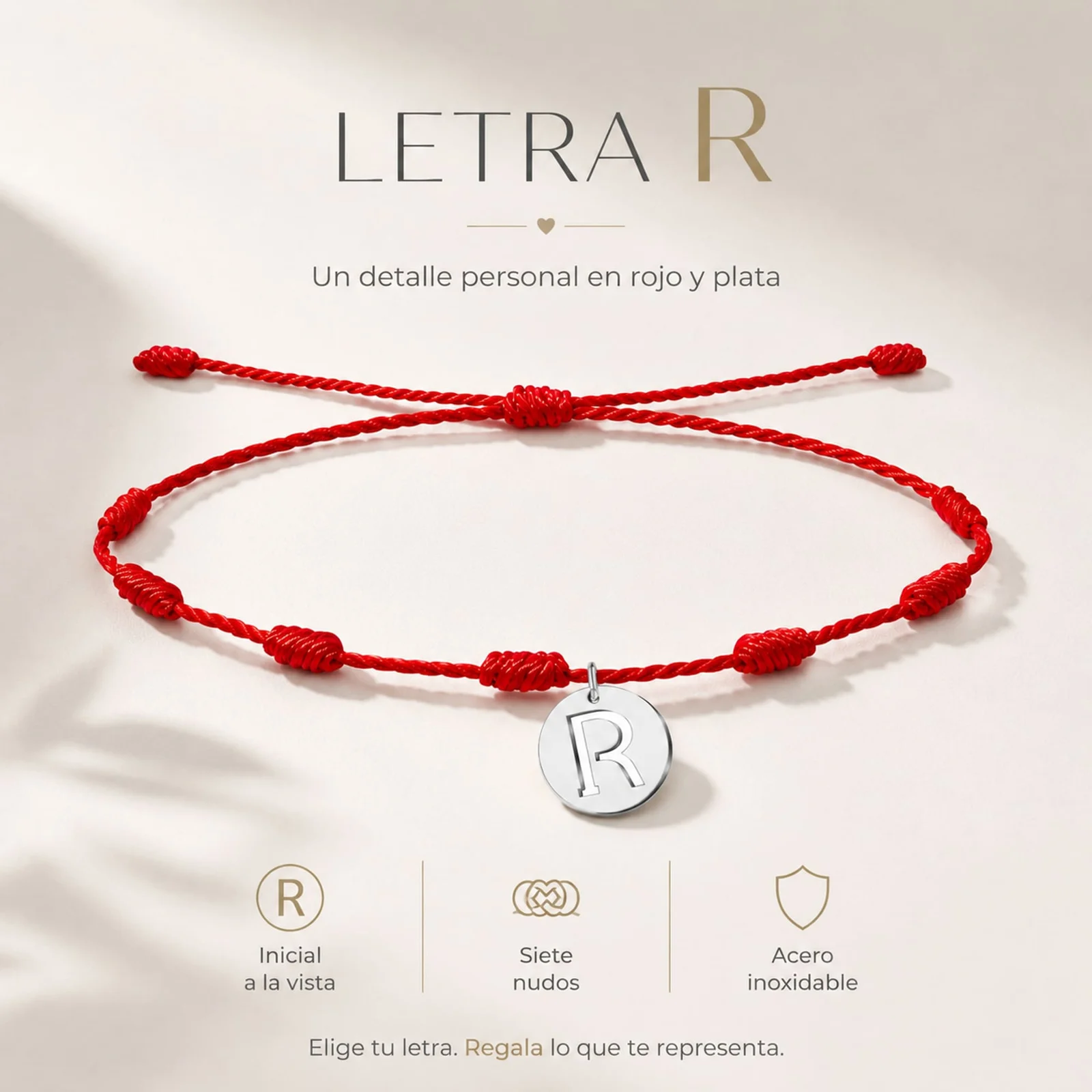 PULSERA 7 NUDOS CON LETRA R COLOR PLATEADO