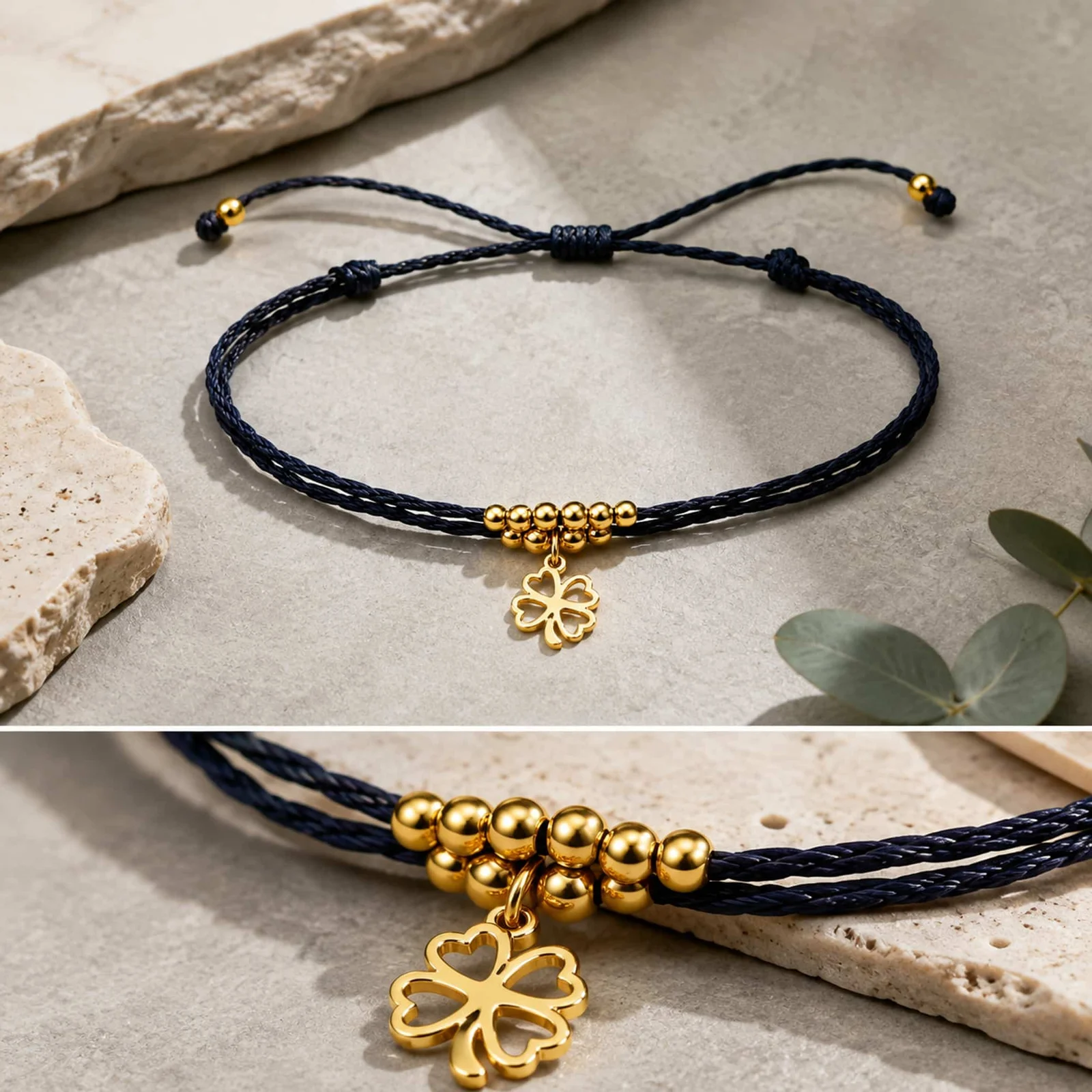 PULSERA HILO ENCERADO CON COLGANTE TRÉBOL ACERO DORADO