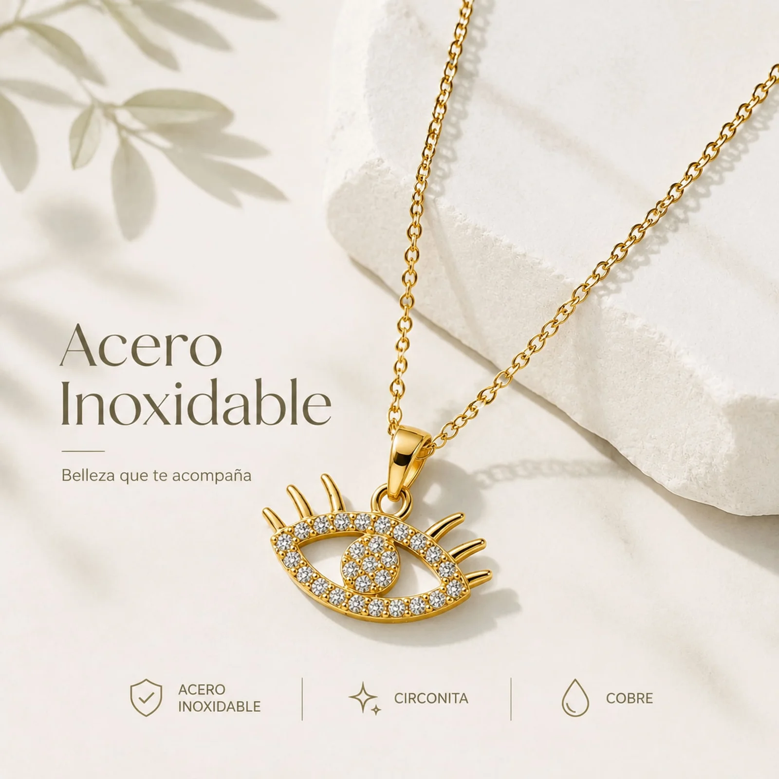 Colgangte Cobre con Circonita Colar Dorado y Cadena Acero