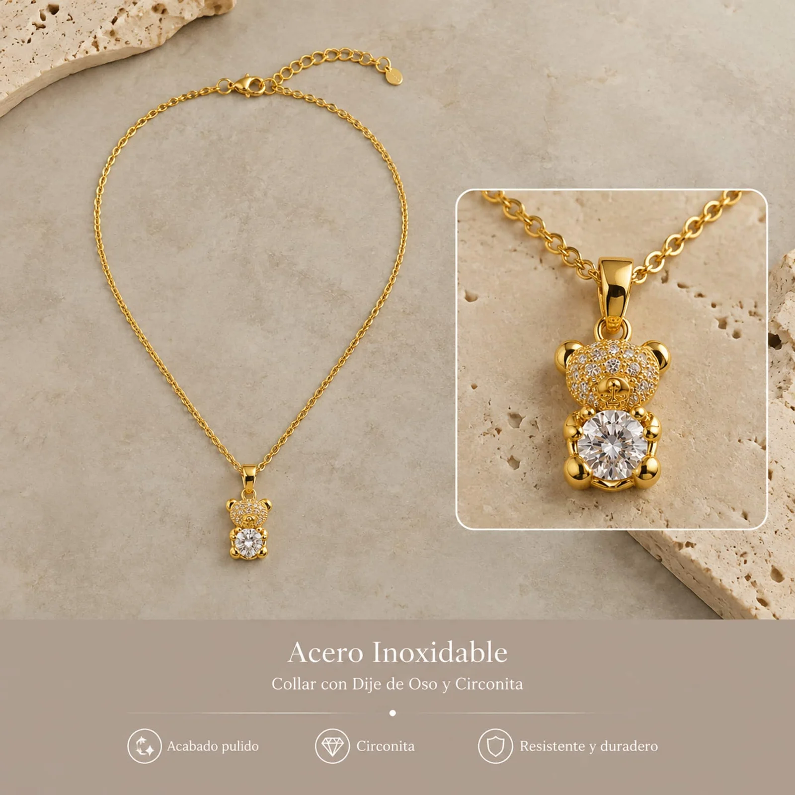 Colgangte Cobre con Circonita Colar Dorado y Cadena Acero