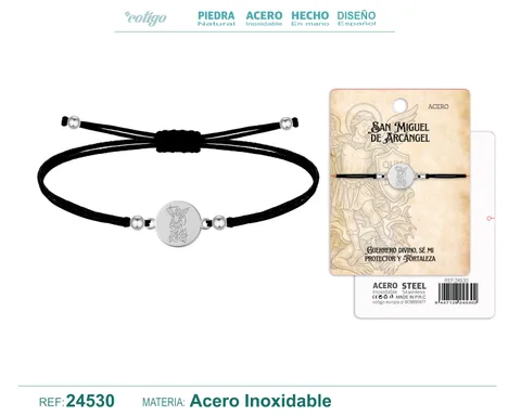 PULSERA HILO ENCERADO CON SAN MIQUEL DE ARCANGEL ACERO PLATEADO