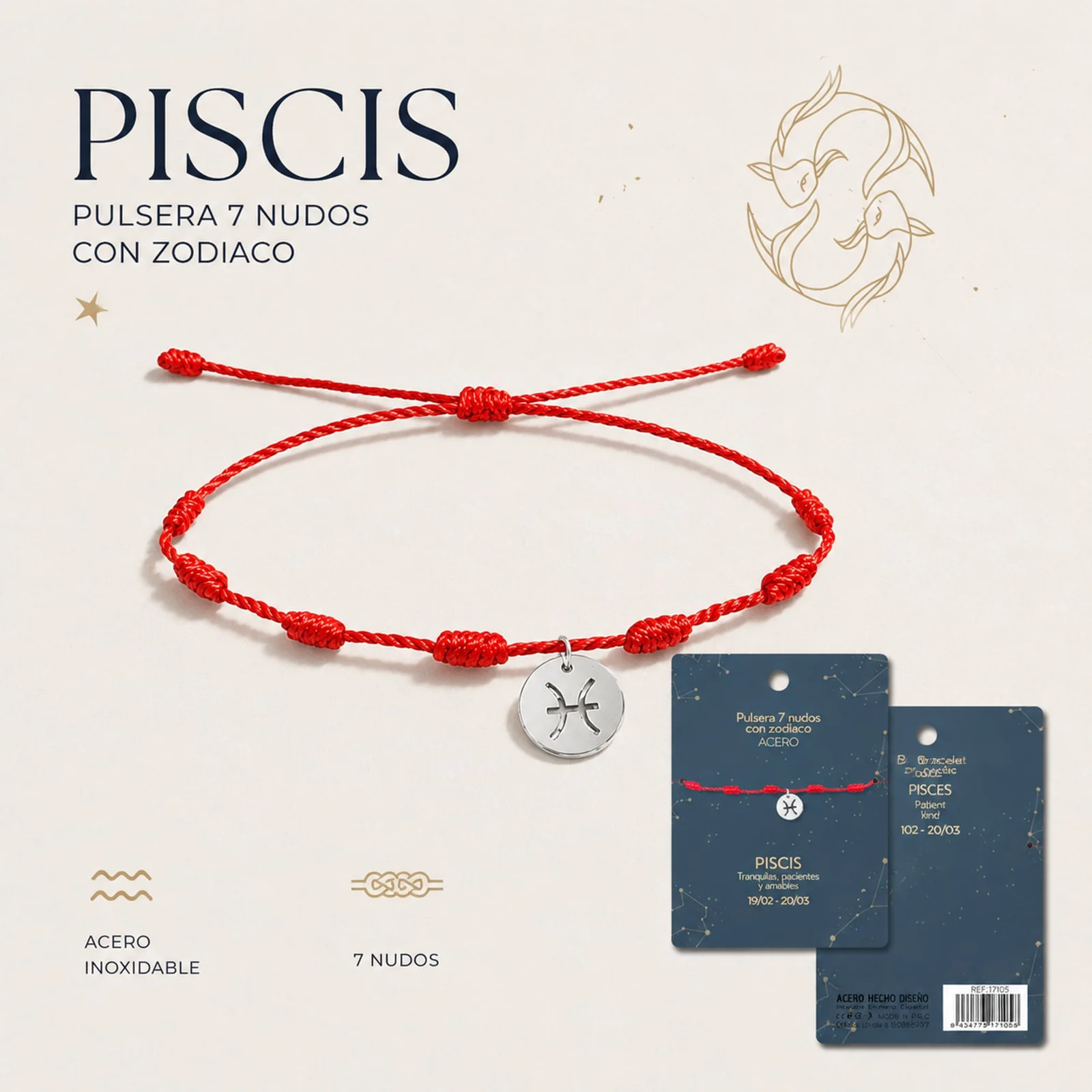 PULSERA 7 NUDOS CON PISCIS ACERO. COLOR PLATEADO