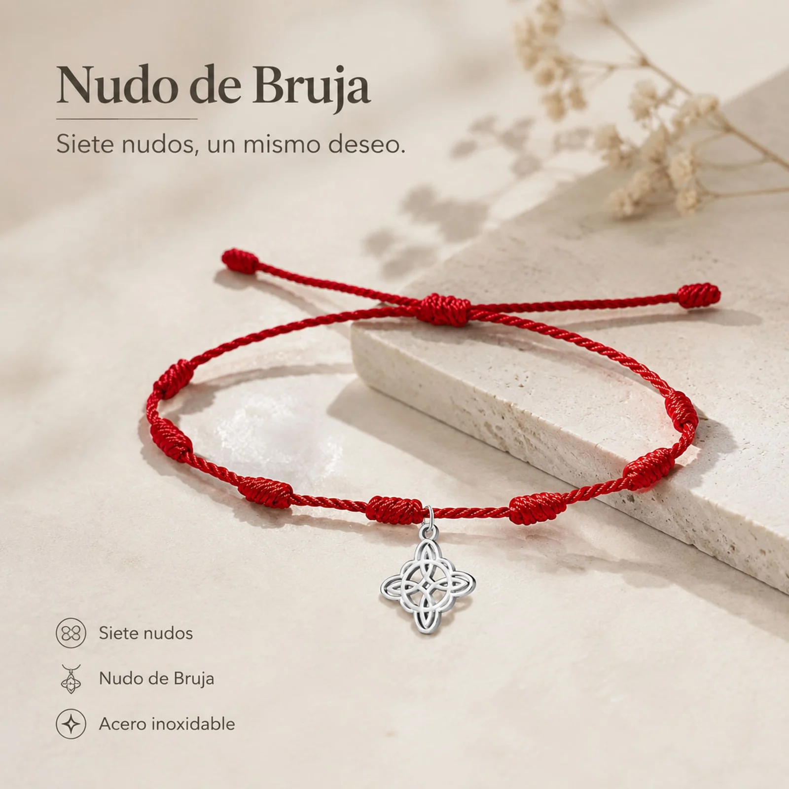 PULSERA 7 NUDOS CON NUDO DE BRUJA ACERO PLATEADO