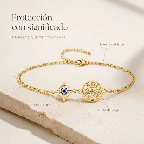 PULSERA TETRAGRÁMATON CON NUDO DE BRUJA Y OJO DE TURCO ACERO INOXIDABLE COLOR DORADO