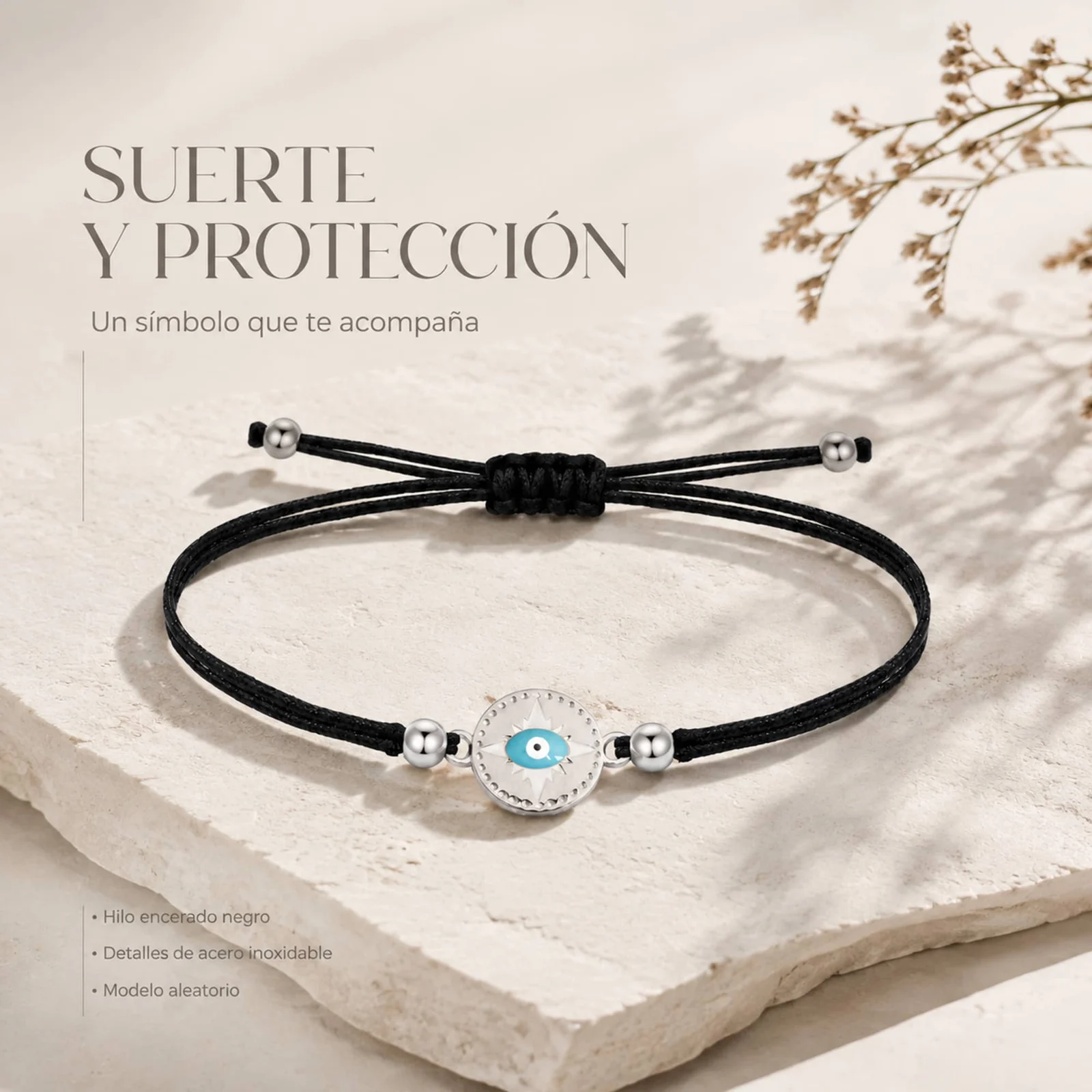 Pulsera Hilo encerado Negro CON OJO TURCO Plateado