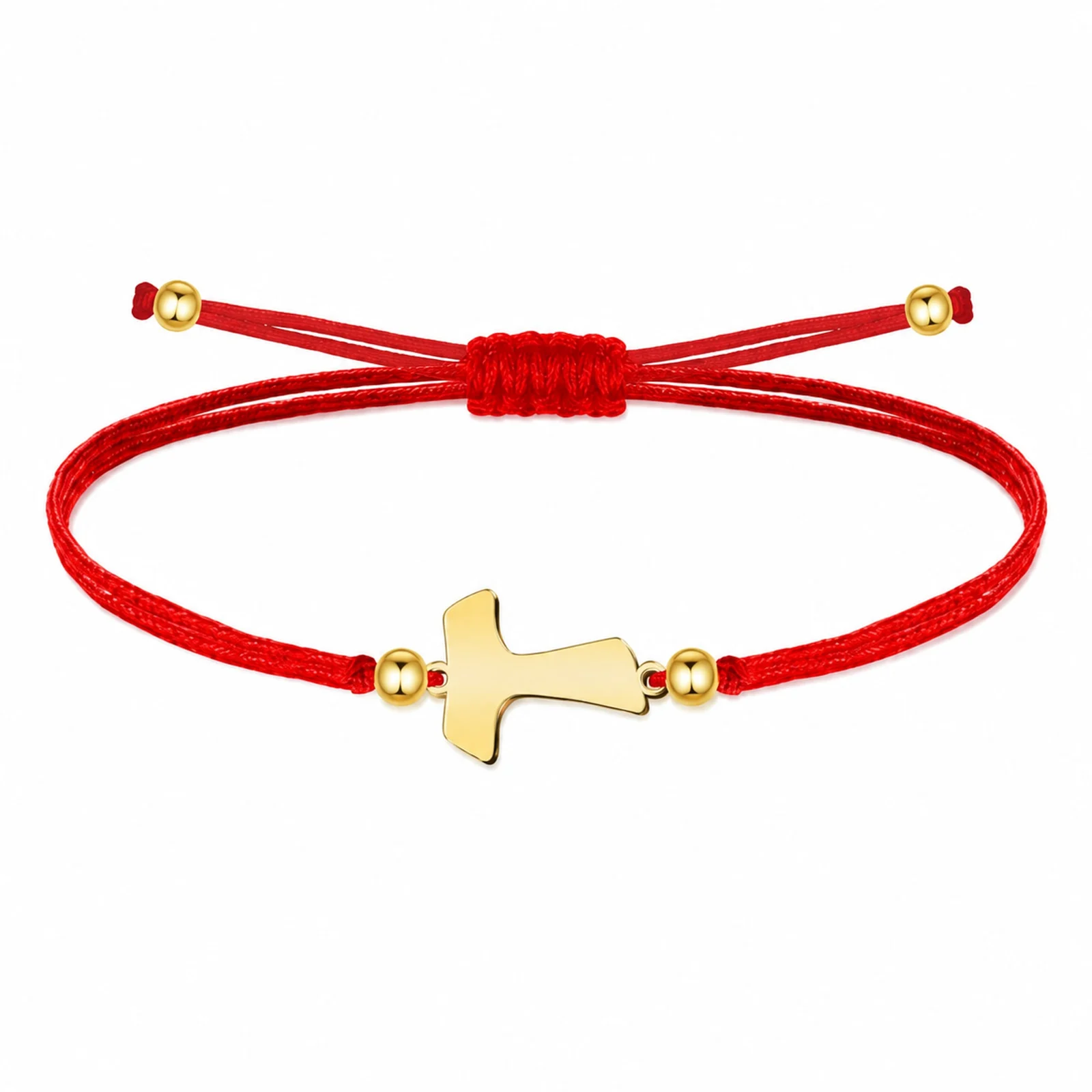 PULSERA CRUZ TAU DORADO DE HILO EN.ROJO