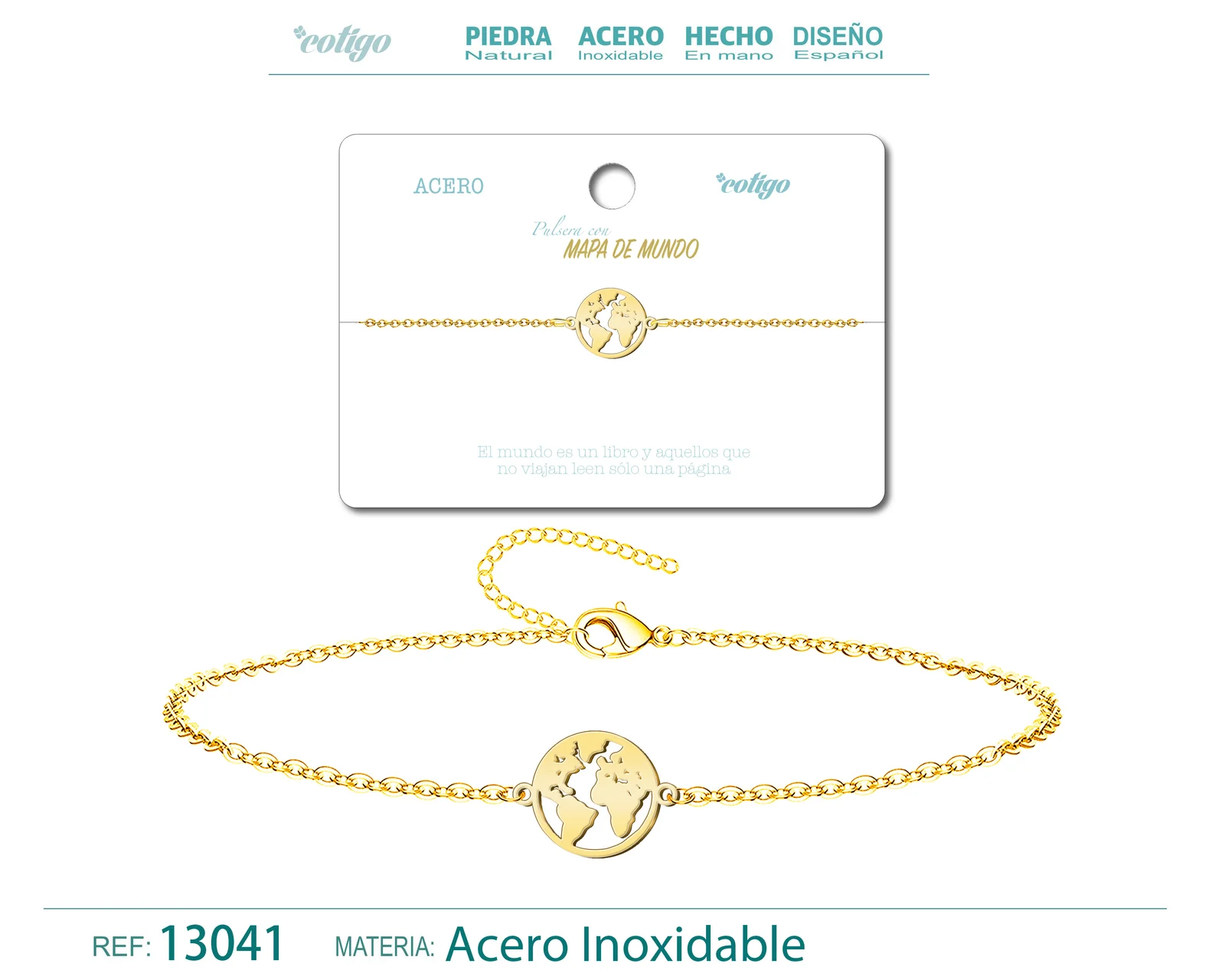 PULSERA MAPA DE MUNDOACERO DORADO
