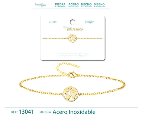PULSERA MAPA DE MUNDOACERO DORADO