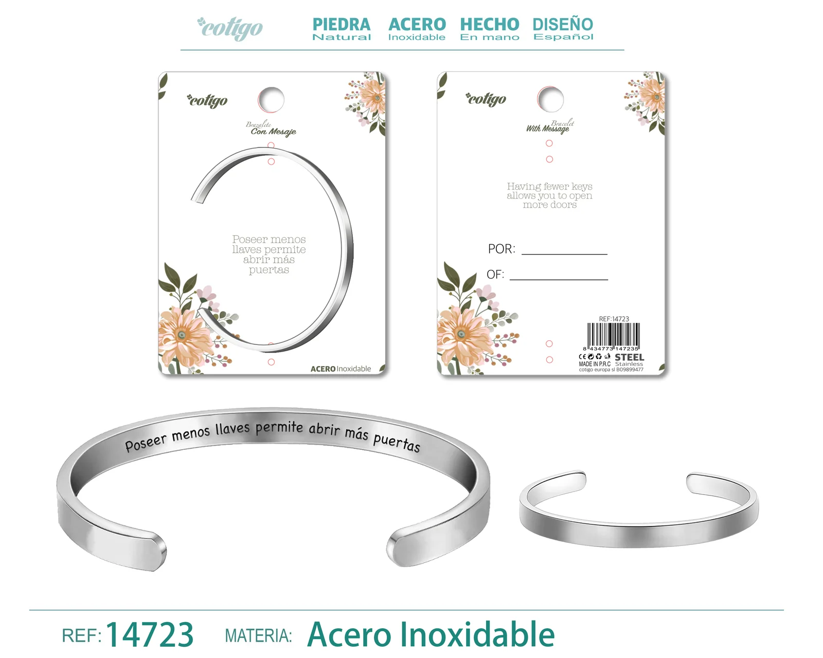 BRAZALETE ACERO CON MENSAJE ESPAÑOL