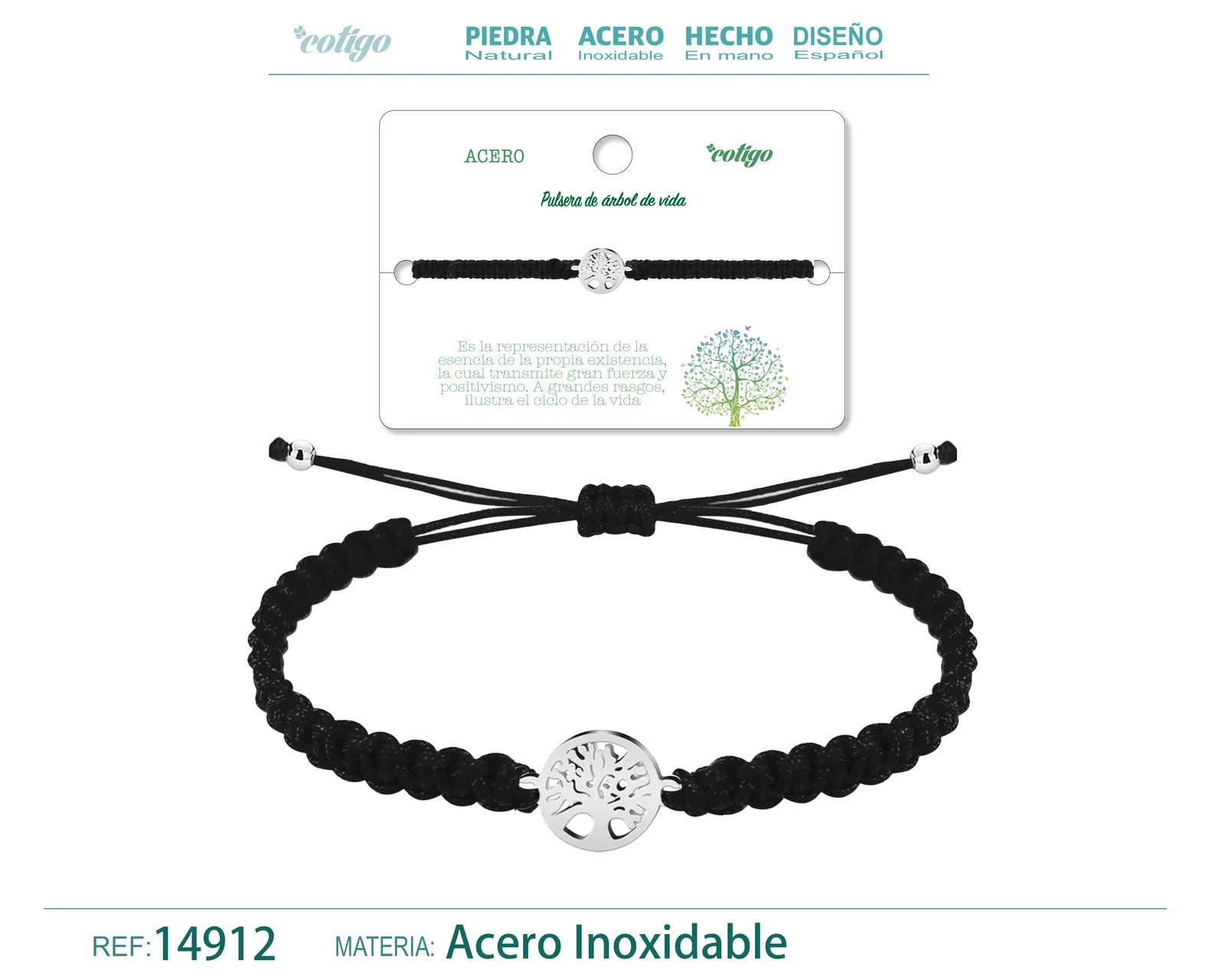 PULSERA HILO TRENZADONEGRO-ARBOL DE VIDA PLATEADO