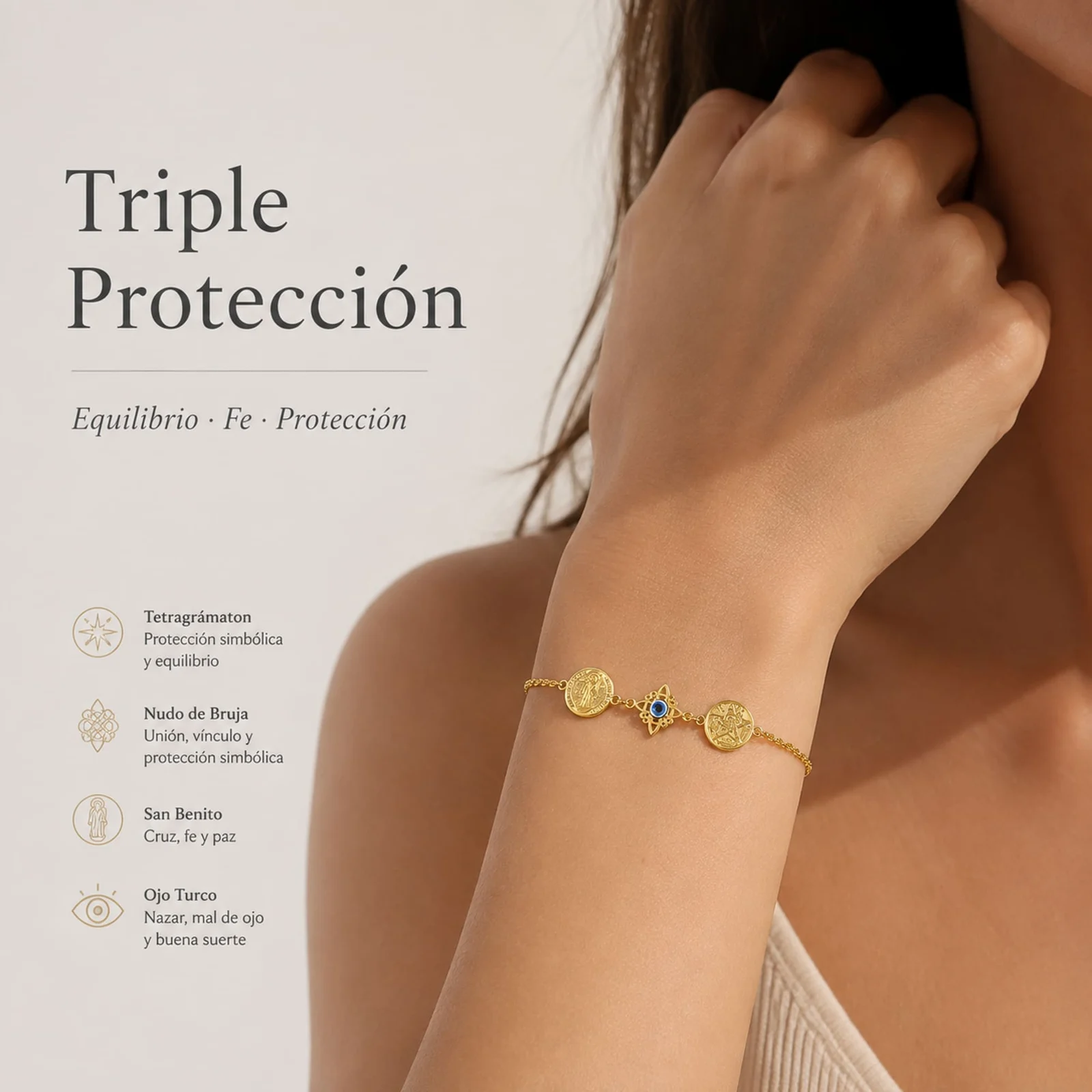 PULSERA DE TETRAGRÁMATON + NUDO DE BRUJA CON OJO TURCO + SAN BENITO ACERO DORADO