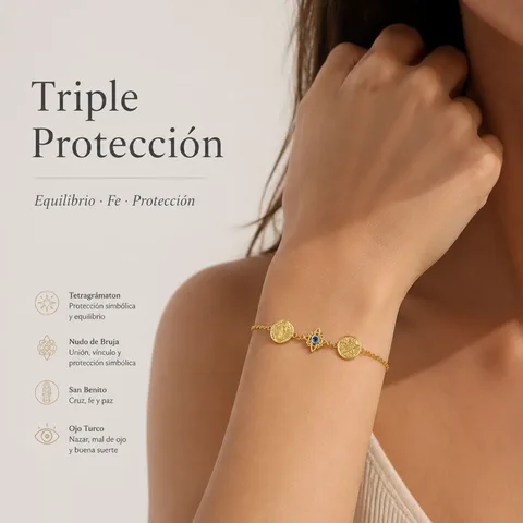 PULSERA DE TETRAGRÁMATON + NUDO DE BRUJA CON OJO TURCO + SAN BENITO ACERO DORADO