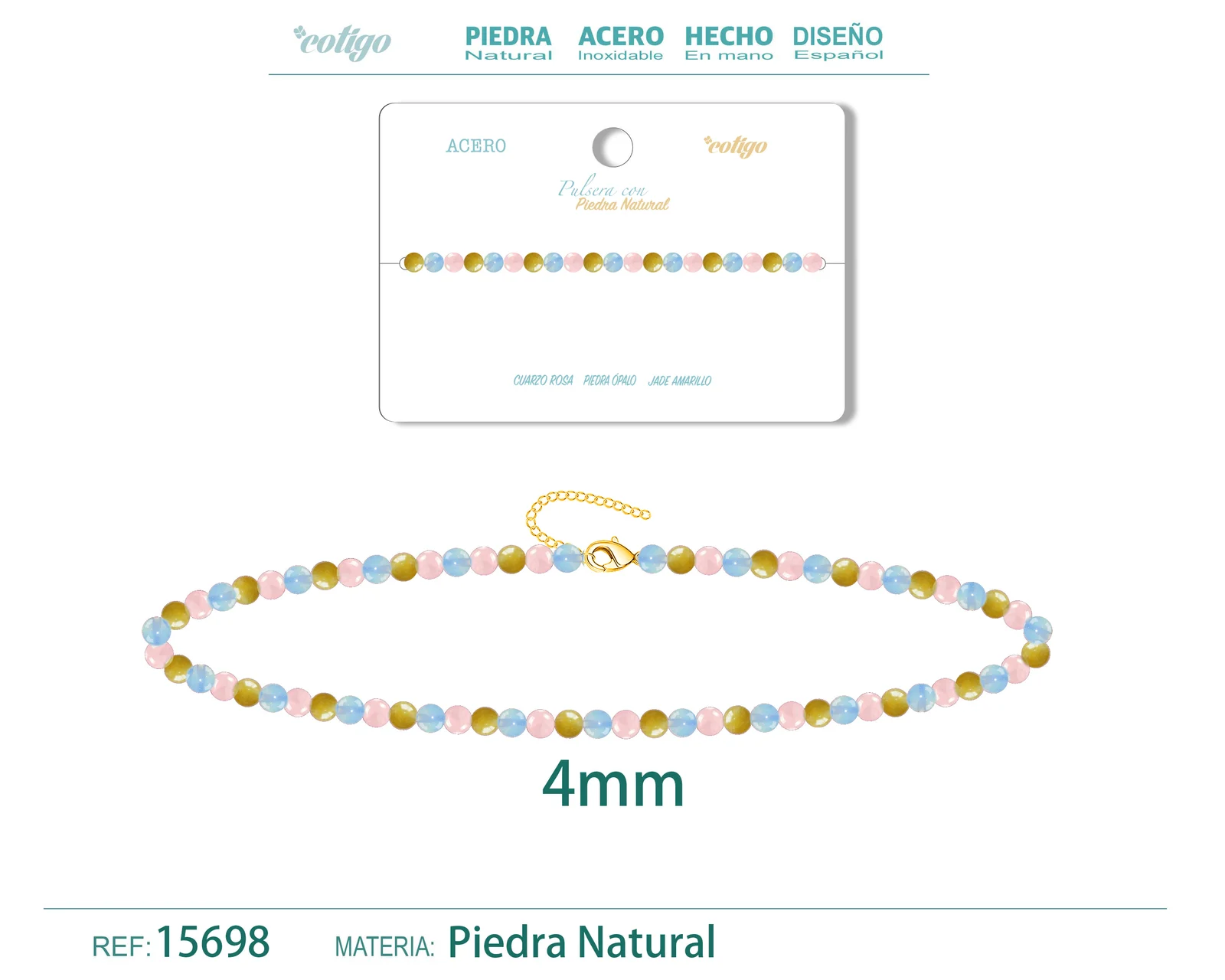 PULSERA JADE AMARILLO+CUARZO ROSA+OPALINA 4MM