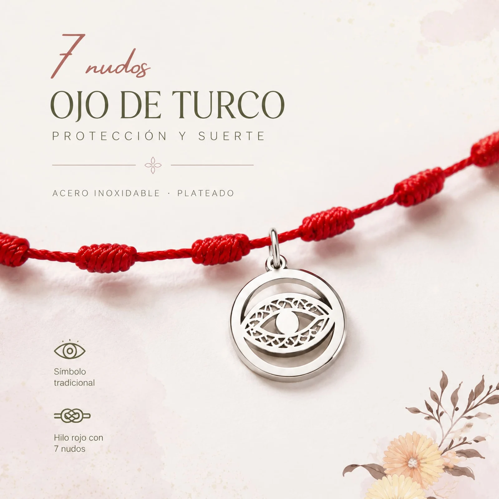 PULSERA 7 NUDOS CON OJO TURCO COLOR PLATEADO