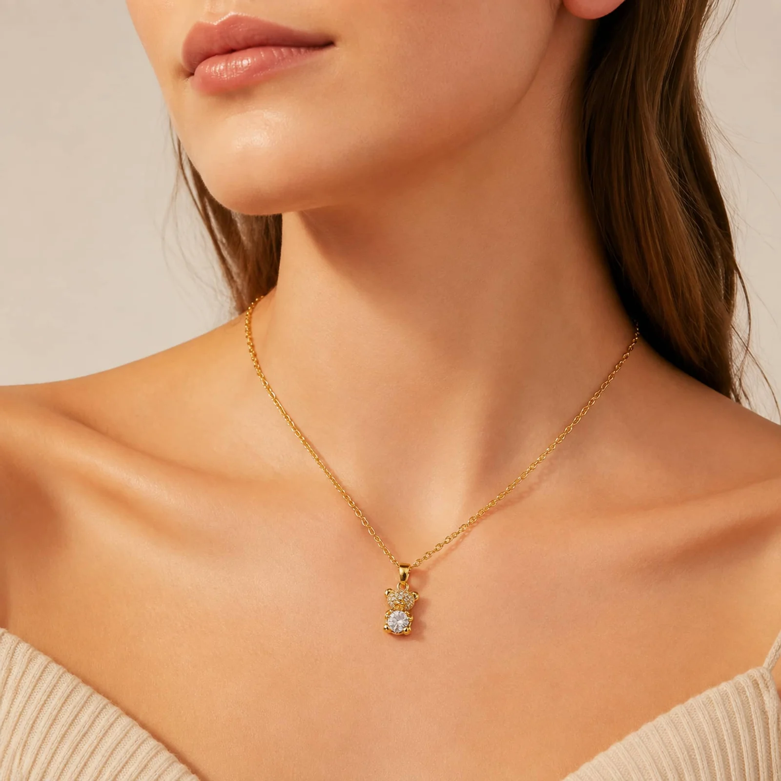 Colgangte Cobre con Circonita Colar Dorado y Cadena Acero
