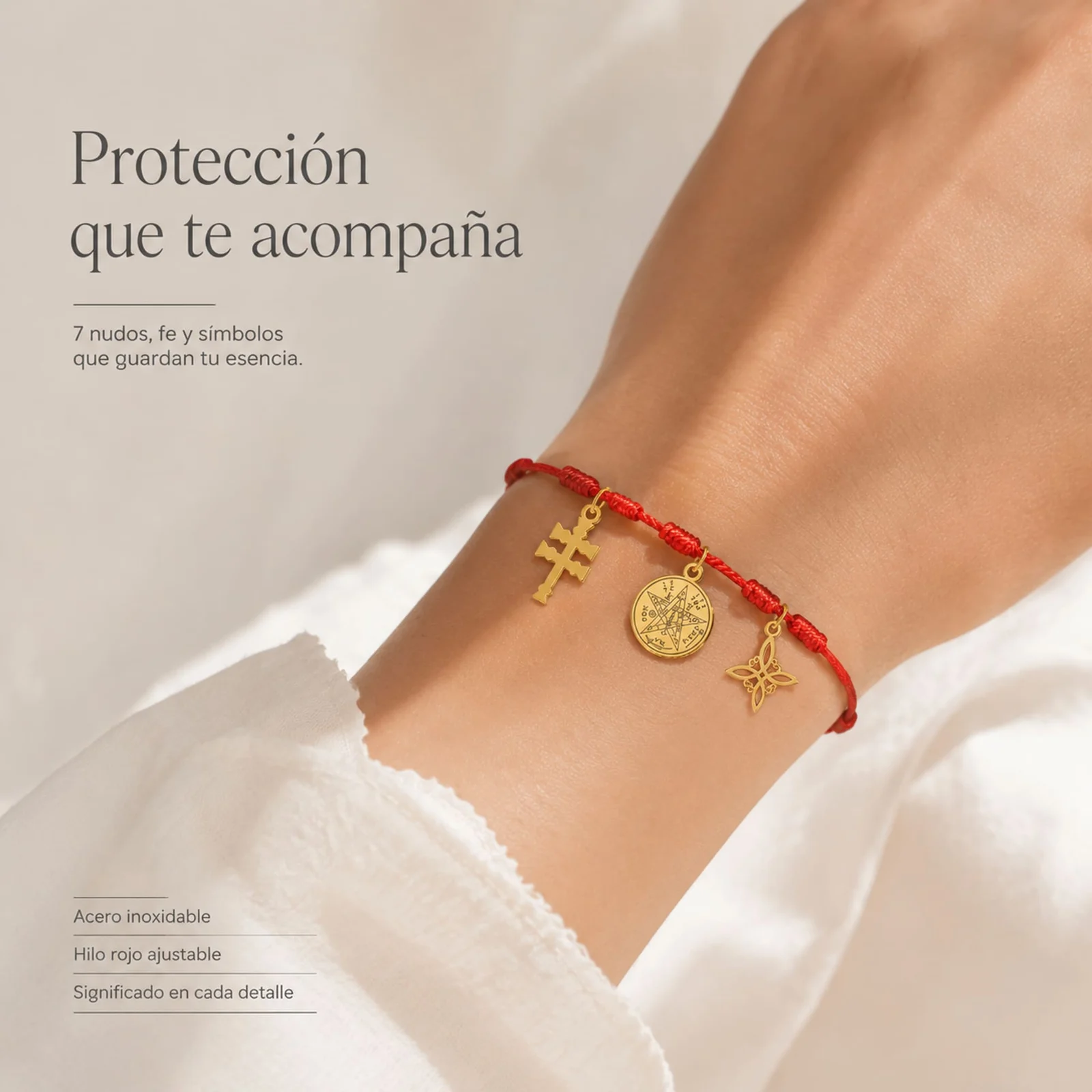 PULSERA 7 NUDOS CON TETRAGRÁMATON  NUDO DE BRUJA Y CRUZ CARAVACA ACERO DORADO