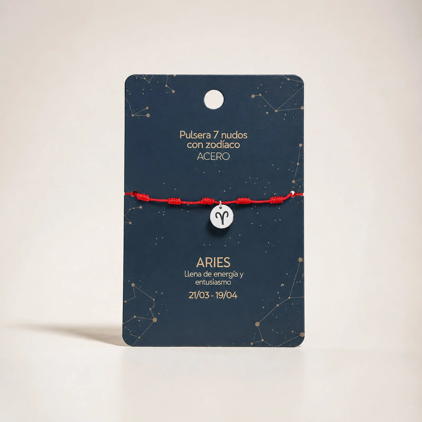 PULSERA 7 NUDOS CON ARIES ACERO. COLOR PLATEADO