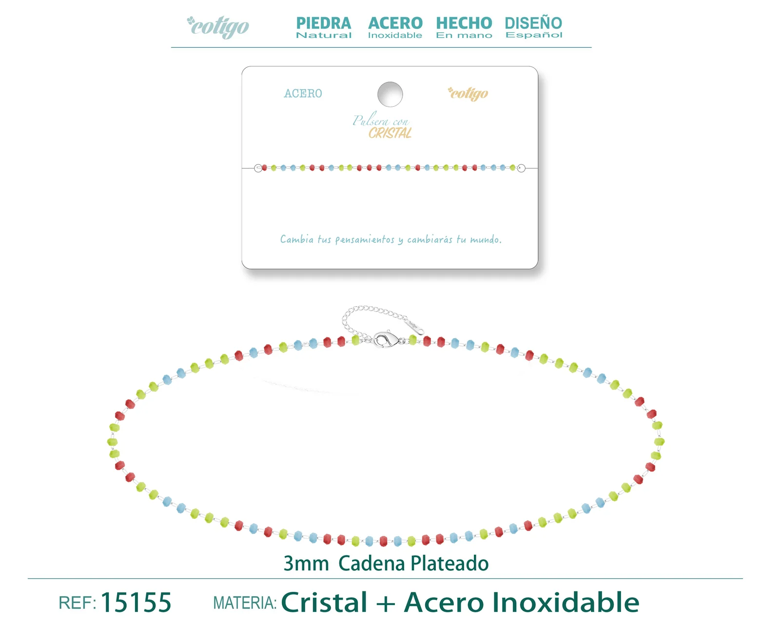 PULSERA ACERO COLOR PLATEADO CON BOLA CRISTA