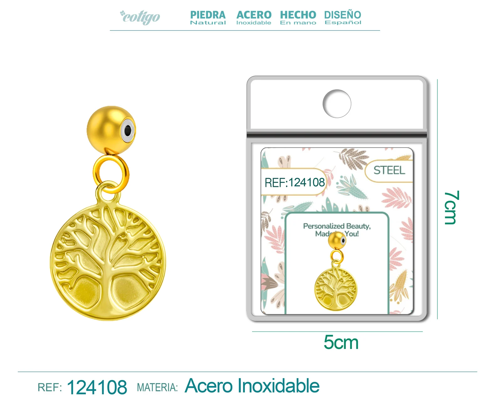 CHARM ACERO DORADO CHAPADO ORO 14 K-CON BOLA DE GOMA