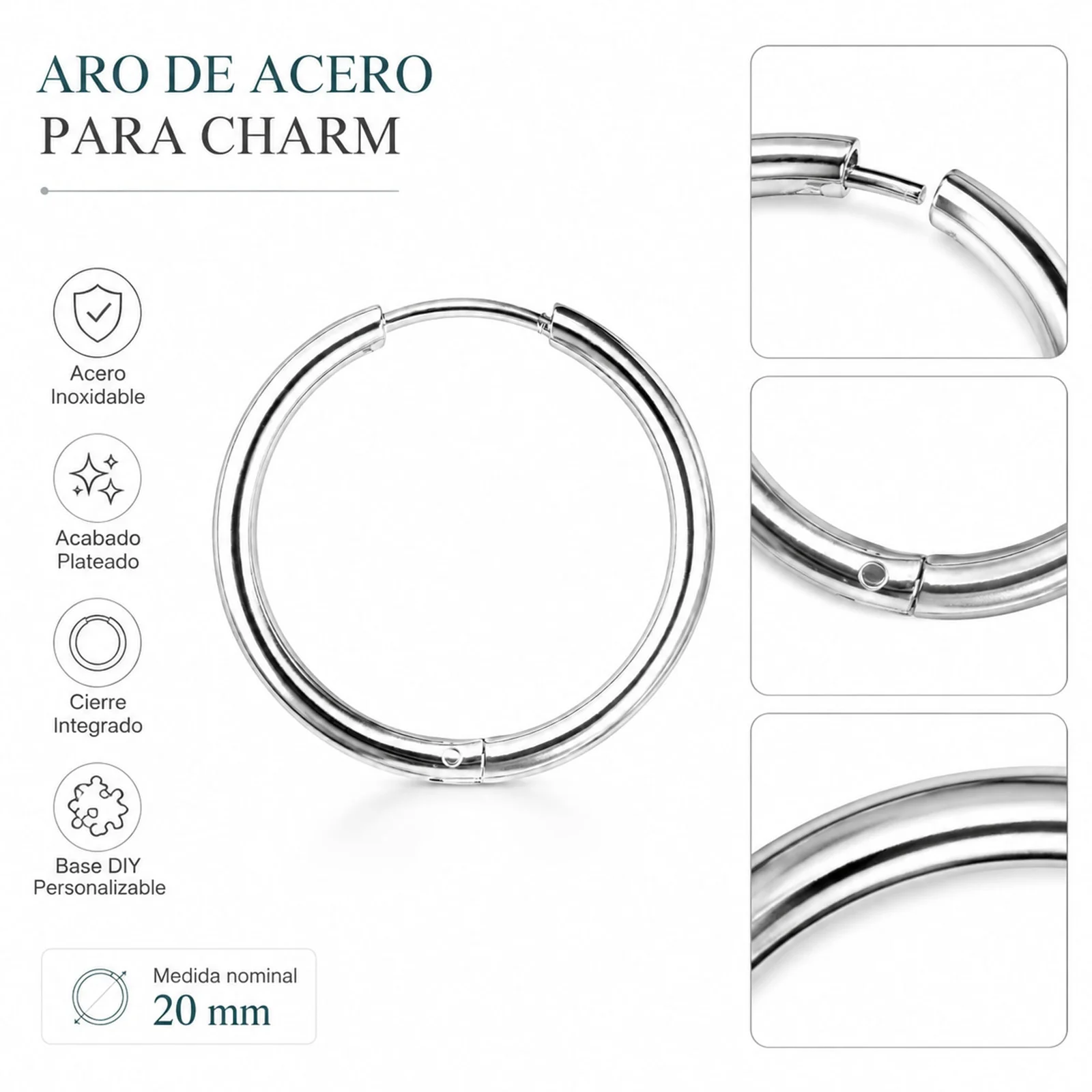 PENDIENTE DE ARO ACERO 20MM COLOR PLATEADO PARA CHARM